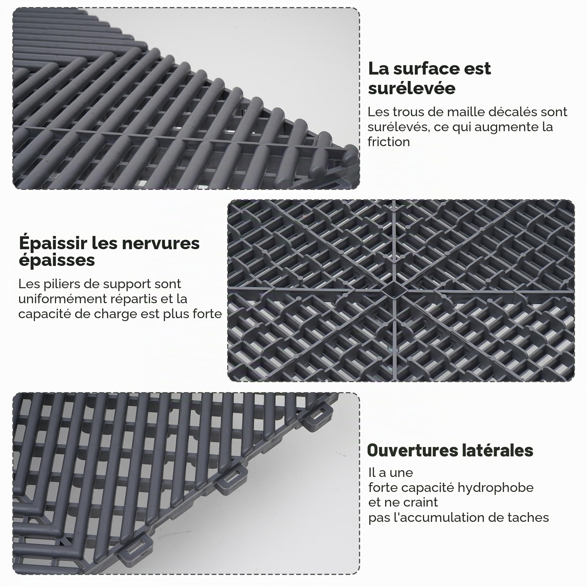 Lot de 20 dalles de sol en polypropylène 40 x 40 cm - Tapis de sol de garage emboîtables - Tapis de drainage pour garage, intérieur extérieur, piscine, capacité de charge : 3200 kg (3,2 m²)