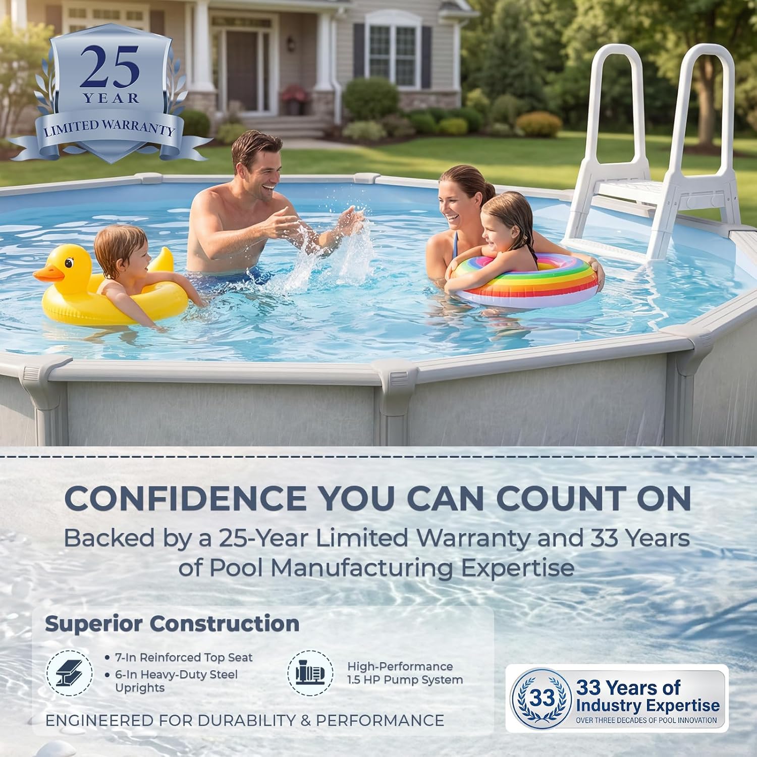 Blue Wave Martinique 21-ft Round 52-in Deep Hard Sided Above Ground Pool Kit with 7-in Steel Top Rails, Dual-Speed Sand Filter System, Ladder, Liner, Skimmer & Maintenance Kit – 9,900 Gallon Cap