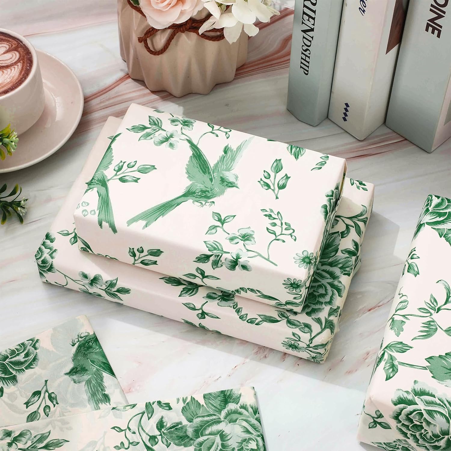 Whaline 60 Sheets Sage Green Floral Tissue Paper Chinoiserie Bird Flower Gift Wrapping Paper Decorative Art Papers for Gift Bags Scrapbooking Birthday Party DIY Crafts, 14 x 20 Inch