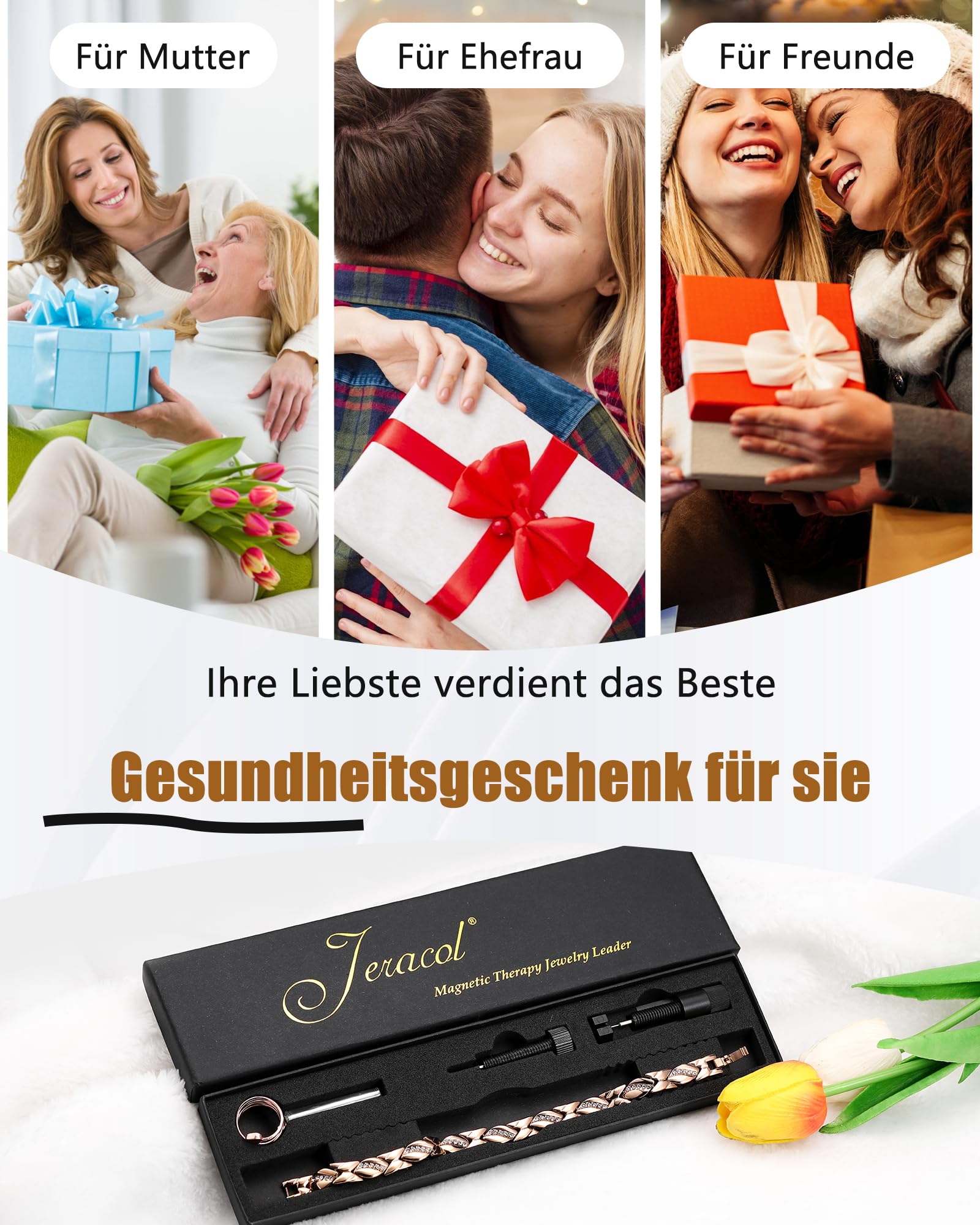 Jeracol kupferarmband damen mit magneten – Verstellbares Magnetarmband damen aus 99,9 % reinem Kupfer, Geschenkbox