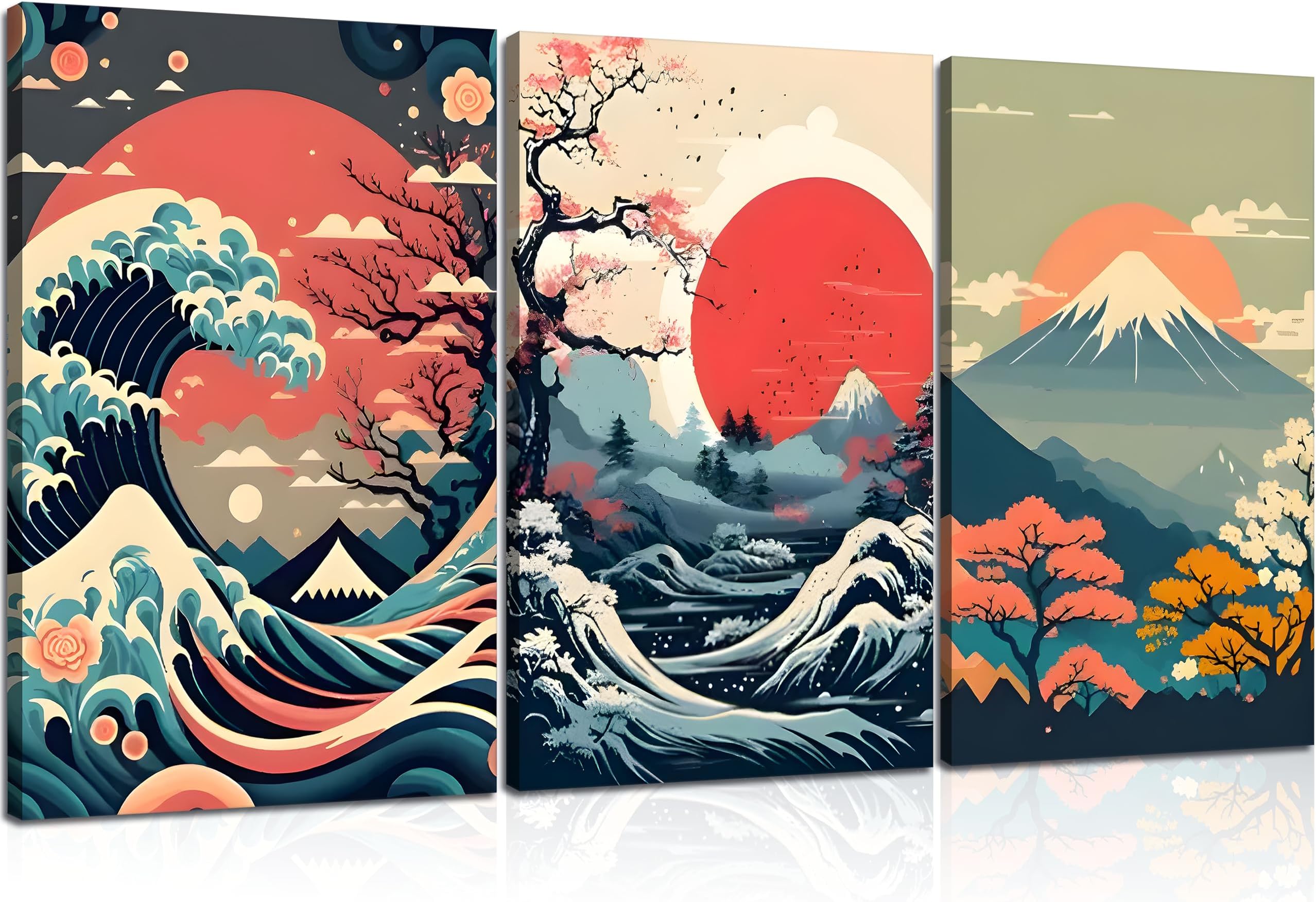 3Pcs Japanese Wall Art Asian Nature Landscape Posters Pictures Kanagawa Giant Wave Canvas Prints Mount Japanese Fuji Art Paintings Cherry Blossom Lake Wall Decor for Living Room Bedroom Office Framed