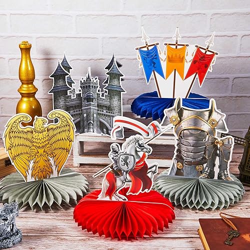 Miniatura 5 de 18 piezas de decoración de caballero medieval, suministros para fiestas, centros de mesa medievales de panal de abeja, decoraciones de castillo,