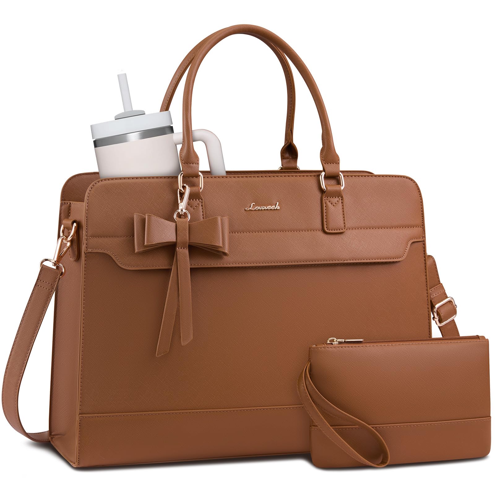 LOVEVOOK Handtasche Damen Groß, 17,3 Zoll Laptoptasche Arbeitstasche Elegant Uni Tasche Schultasche Lehrertasche, PU Leder Aktentasche Business Shopper Tasche Tote Bag für Schule Büro Arbeit, Braun