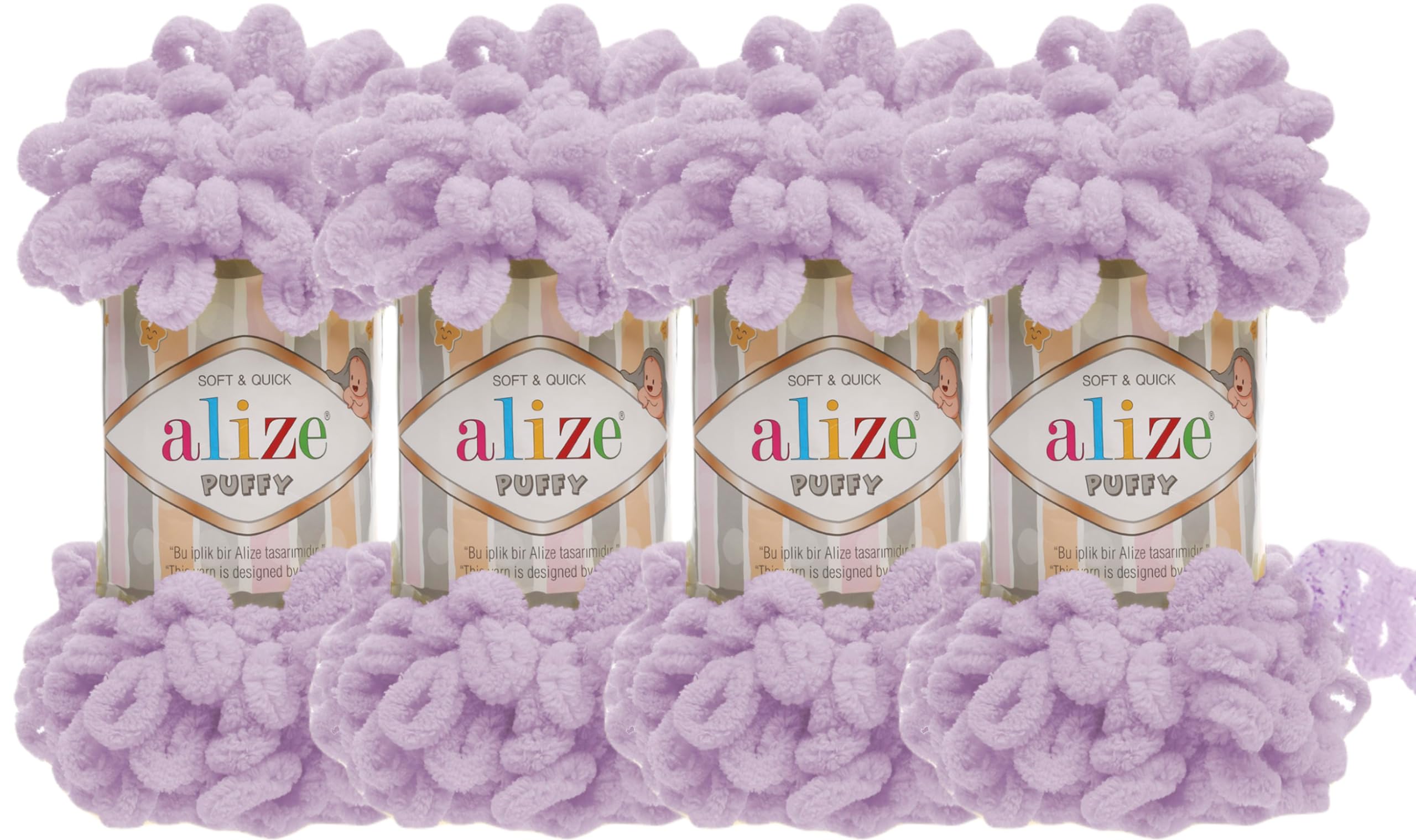 100% Micropolyester Soft Yarn Alize Puffy Hand Knitting Yarn Super Chunky Bulky Woven Worested Yarn Lot of 4skn 400gr 40yds Color 27 Light Lilac