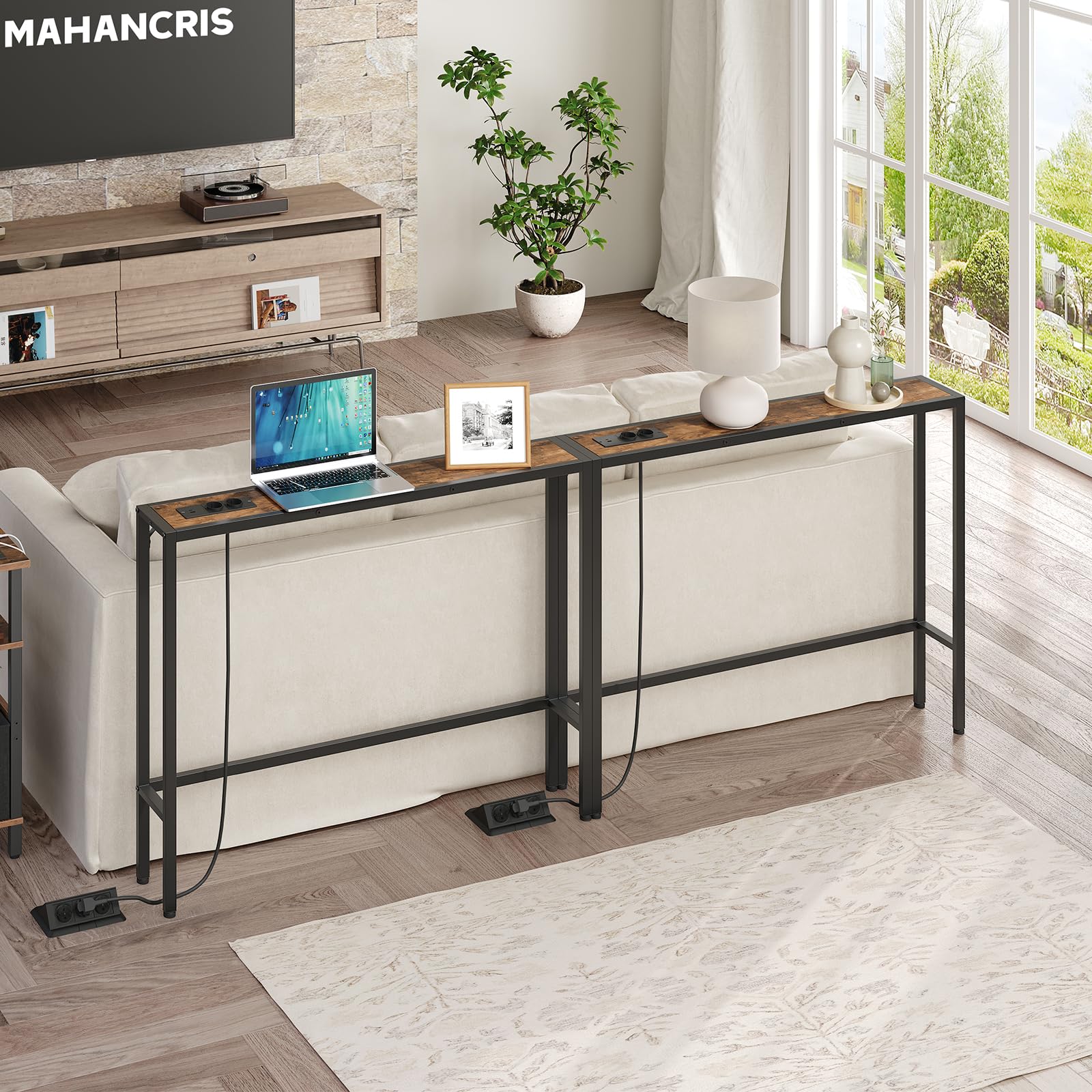 MAHANCRIS Table d’Appoint de 100 cm, Table d’Entrée avec Prises et Ports USB, Bout de Canapé étroit, Cadre Métallique, Pieds Réglables, pour Couloir, Salon, Chambre, Marron et Noir ACTHR968UE01S2