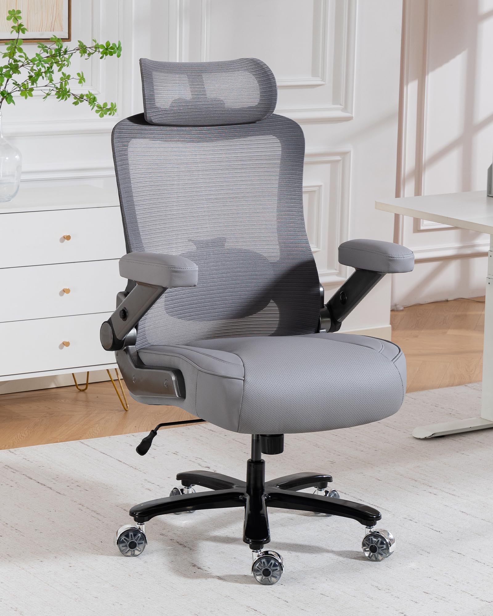 Ergonomischer Bürostuhl mit Lordosenstütze & Kopfstütze, bis 350 kg belastbar, Höhenverstellbar, Mesh-Rückenlehne mit Kippfunktion, Verstell- & Klappbare Armlehnen, Breiter Sitz, Grau