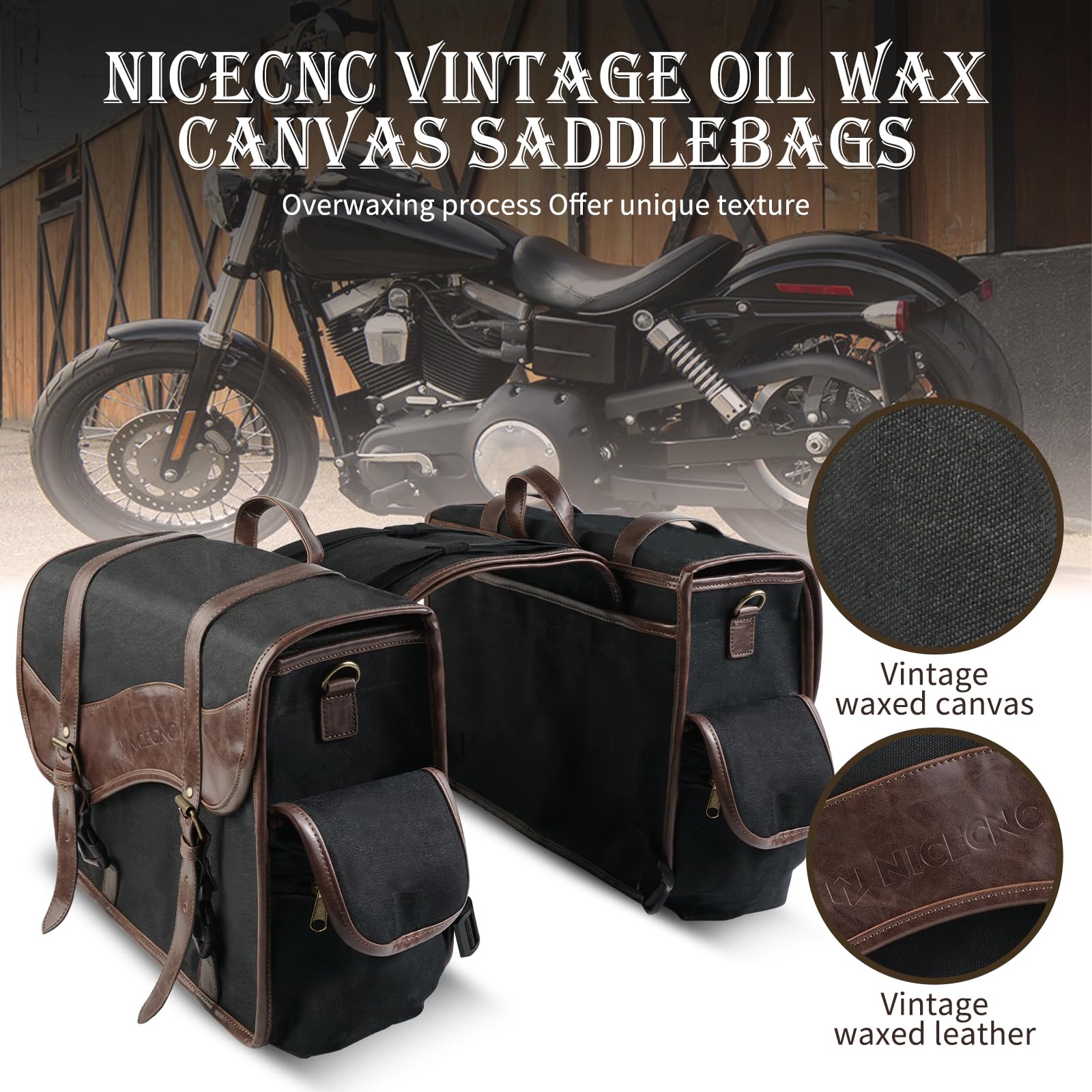 NICECNC Alforjas de sillín de Motocicleta Vintage en Lona Encerada al óleo, alforjas de Moto compatibles con Harley Adventure Street Glide (Negro)
