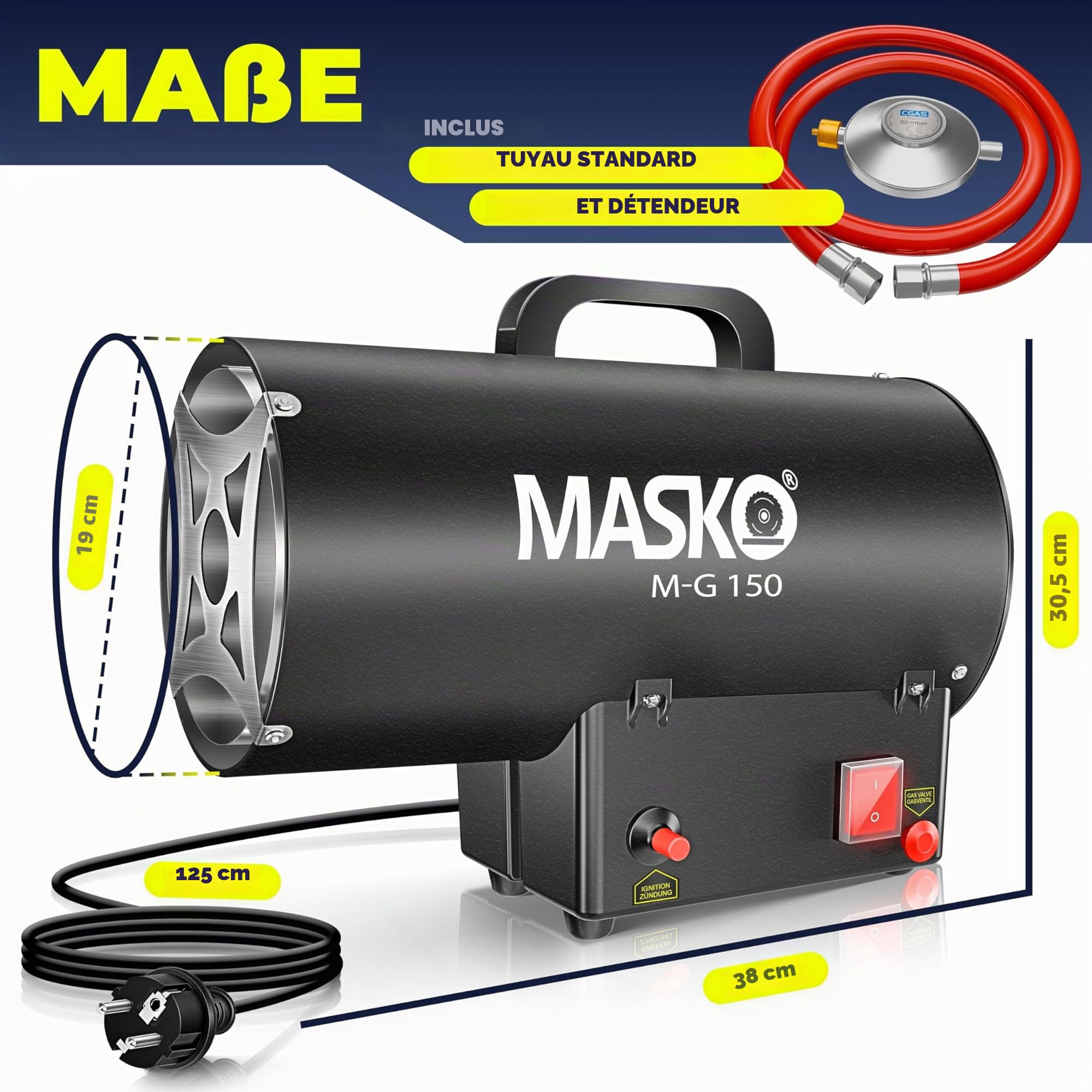 Masko® Radiateur soufflant à gaz Chauffage à gaz Canon à Chaleur Chauffage Radiant au gaz Chauffage de Chantier Chauffage à gaz Chauffage Radiant Générateur d'air Chaud, Noir, 15 KW