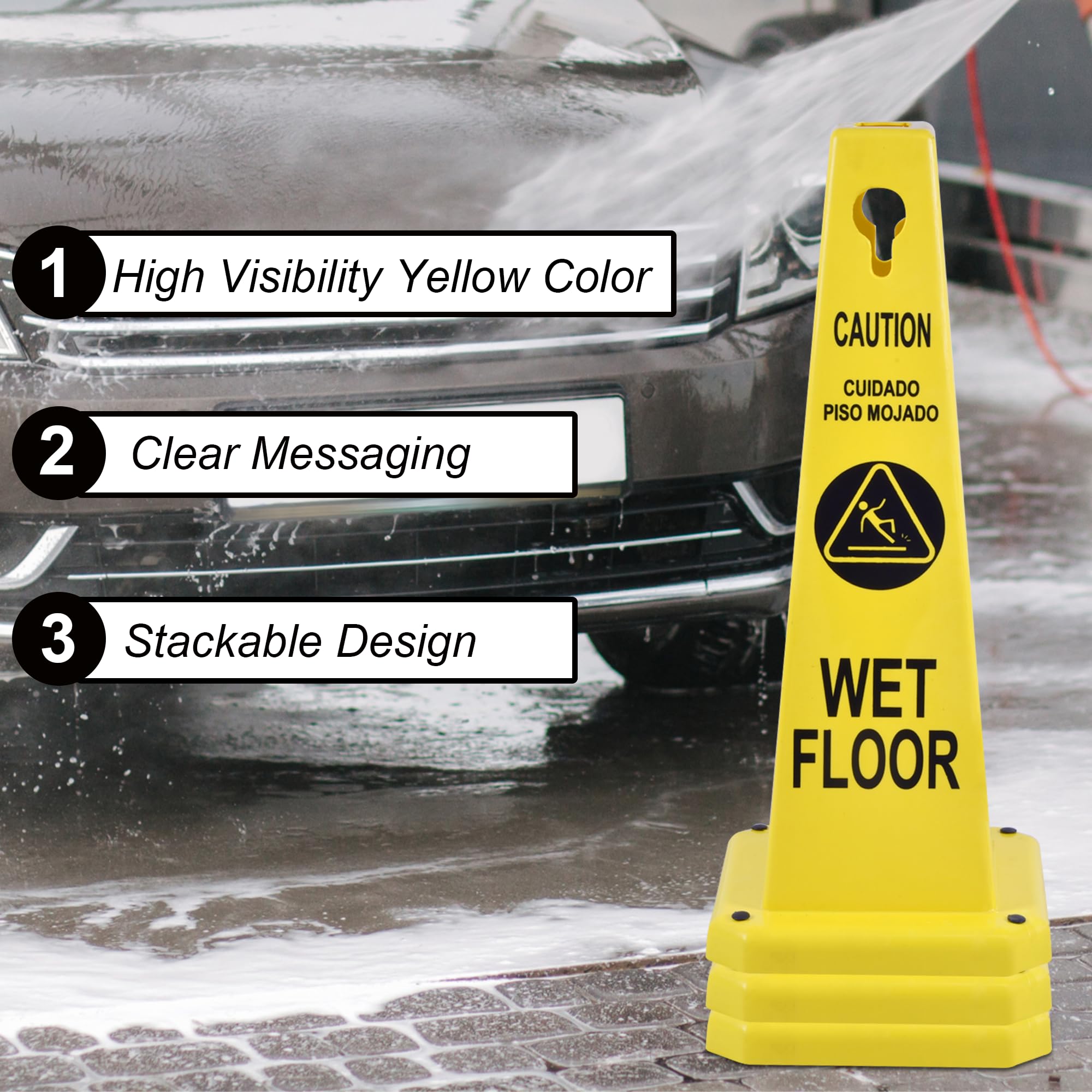 OrangeStar 8-Pack Wet Floor Caution Cones, Yellow Four Sided Bilingual Warning Message Safety Traffic Cones with Heavy Rubber Base for Indoor/Outdoor Use