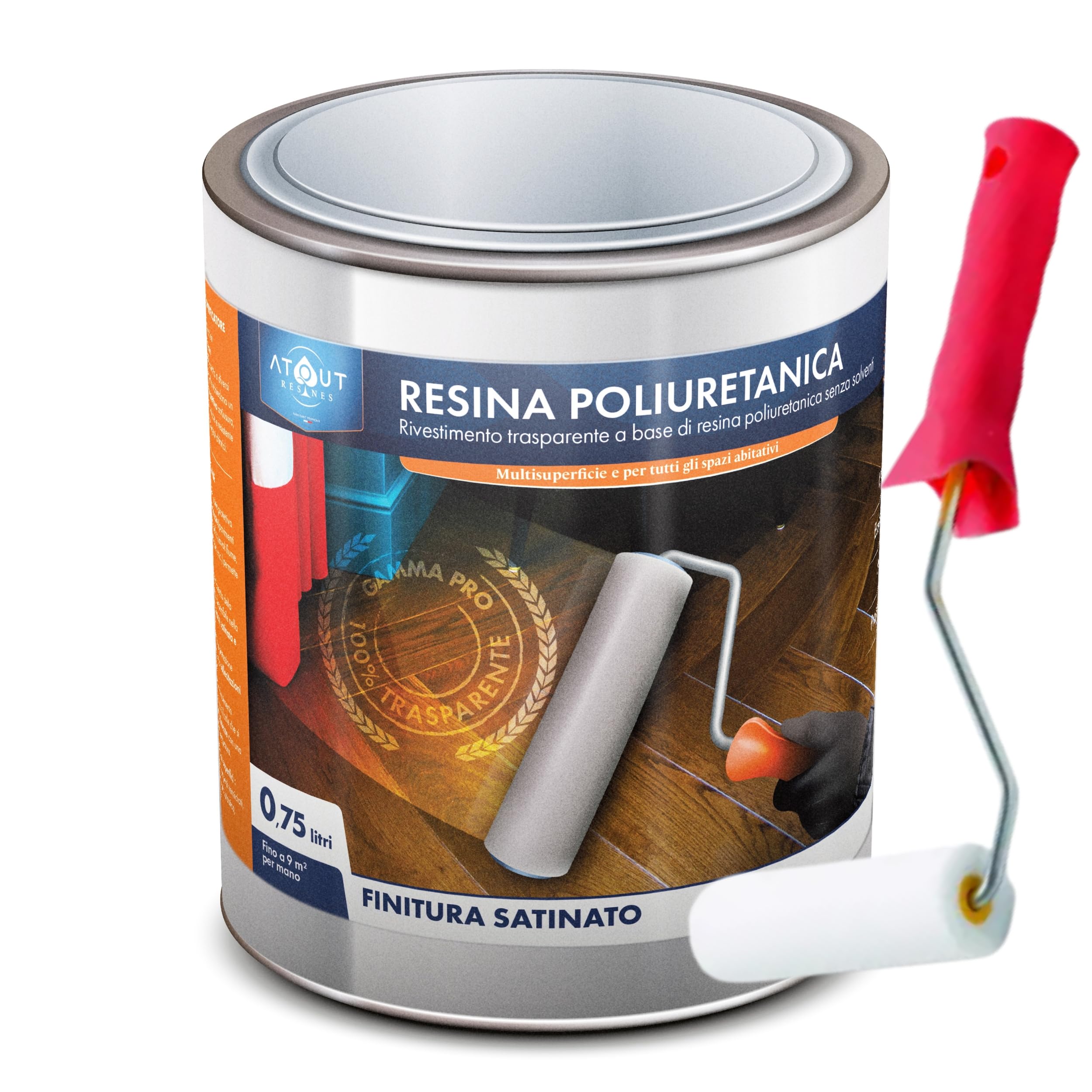 Resina poliuretanica SATINATA 750 ML monocomponente, incolore, protettiva, vetrificante, polivalente, multiuso, con rullo per una corretta applicazione della resina.