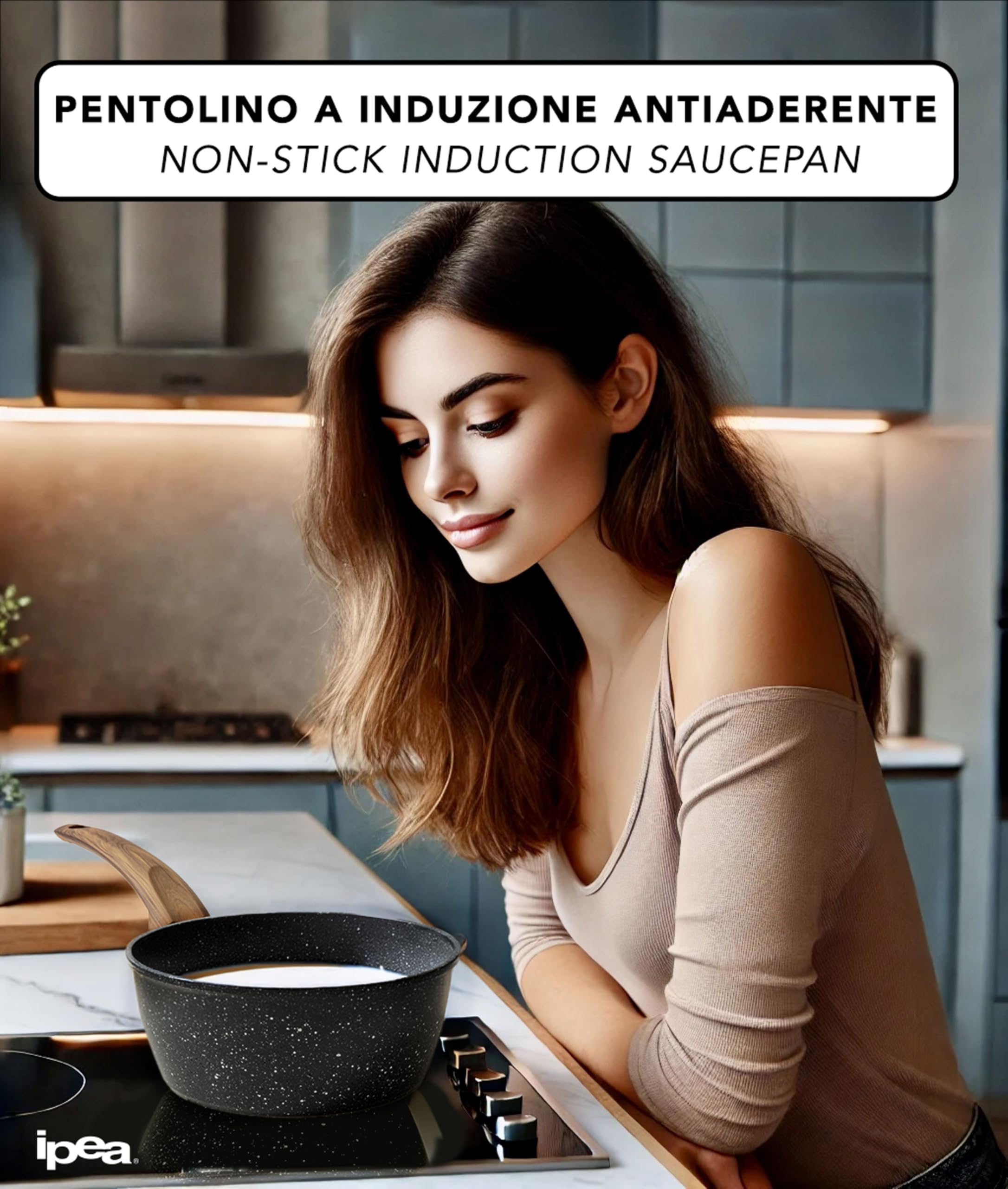 IPEA Pentolino Latte per Induzione Antiaderente - 18 CM - Elegante Pentolino Effetto Pietra - Casseruola per il Latte Piccola per Cucinare e Bollire Minestre, Verdure, Noodles - Bollilatte