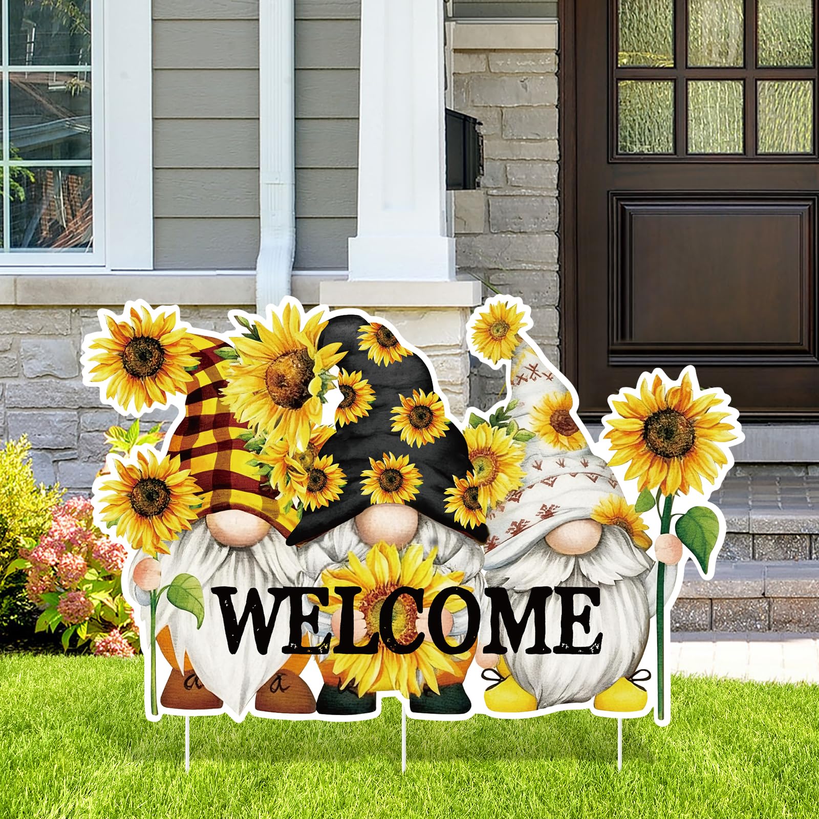 Panneau bienvenue tournesol nain jaune avec piquets pour votre jardin et fêtes