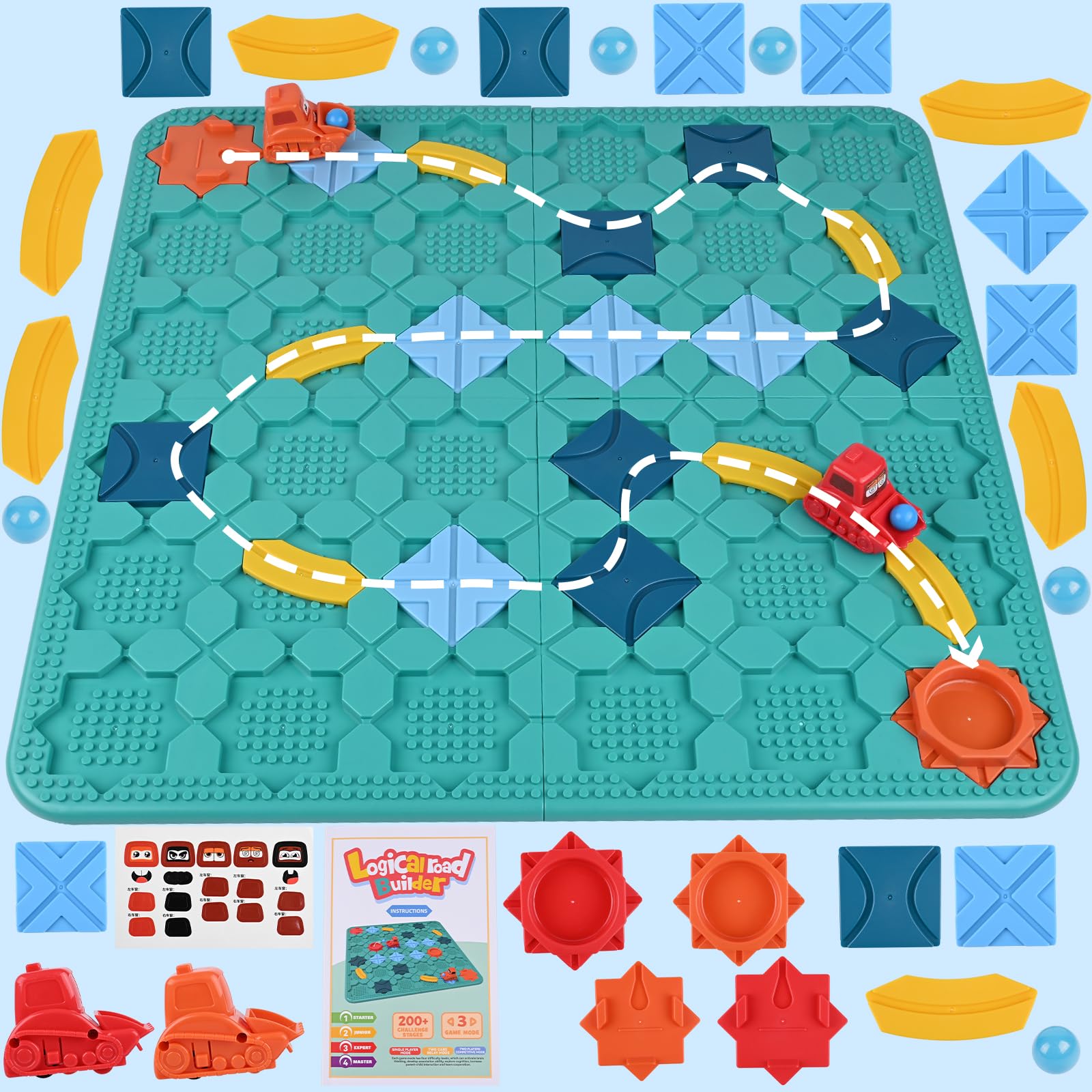 Juego de Mesa de Laberinto de Construcción, Teklemon Laberinto y Pistas de Carreras con 4 Niveles 206 Desafíos, 57 x 57cm Logical Road Builder Board Game con Auto y Canicas para Niños 3 a 10 Años