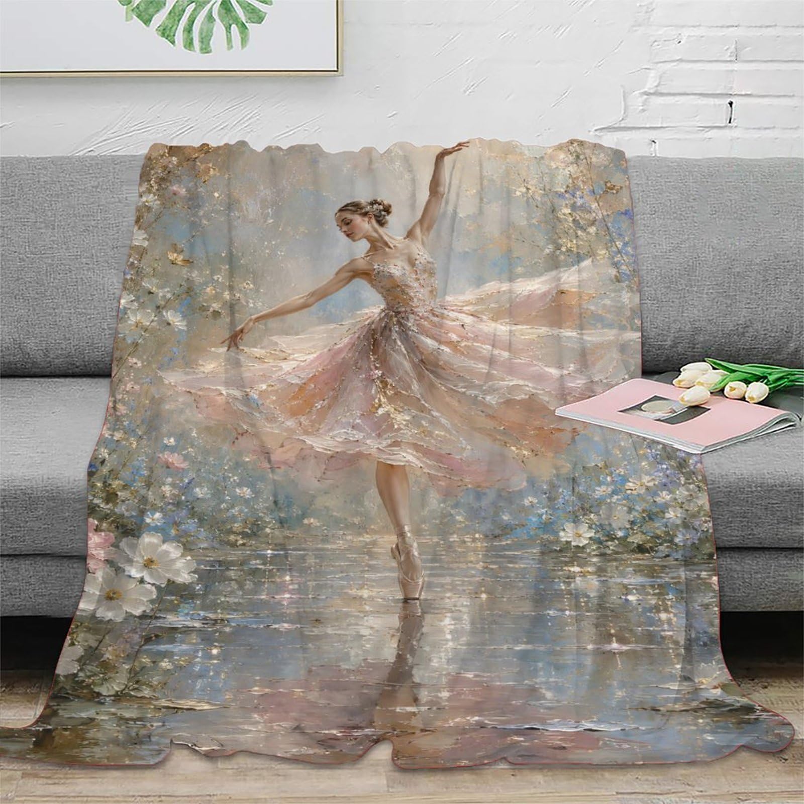 W7C8U2X3 Ballerina Watercolor Garden Blanket, Flannel, Romantic Floral Art