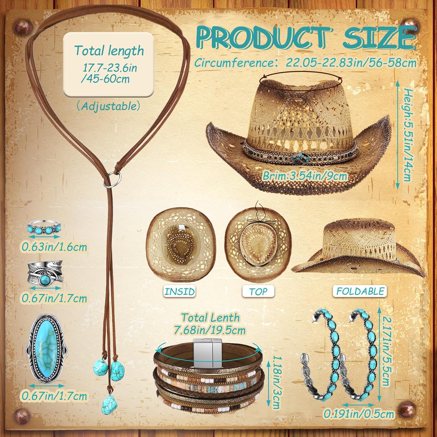 Ecally 7 Pcs Western Jewelry Set Bohemian Turquoise Straw Cowboy Hat Boho Necklace Bracelet Ring Pendant Earrings for Women - Image 3