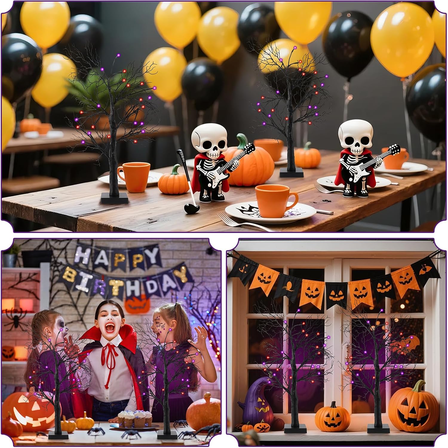 Halloween Decorations Indoor - 2Pack 24 Inch Spooky Black Tree with Lights, Lighted Tabletop Tree with Timer for Halloween Decorations Indoor Party Decor