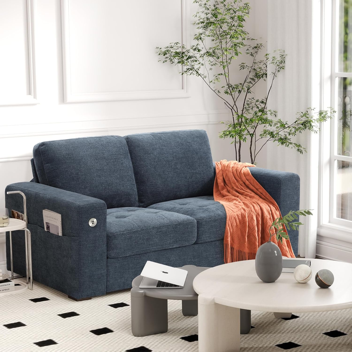 Urhanherry Modern Sofa 2-Seats Couches for Living Room, Chenille Loveseat with USB/Type-C Port, Side Pocket, Recliner Small Sofa, Comfy Couch Easy to Install (70 inch, Blue)