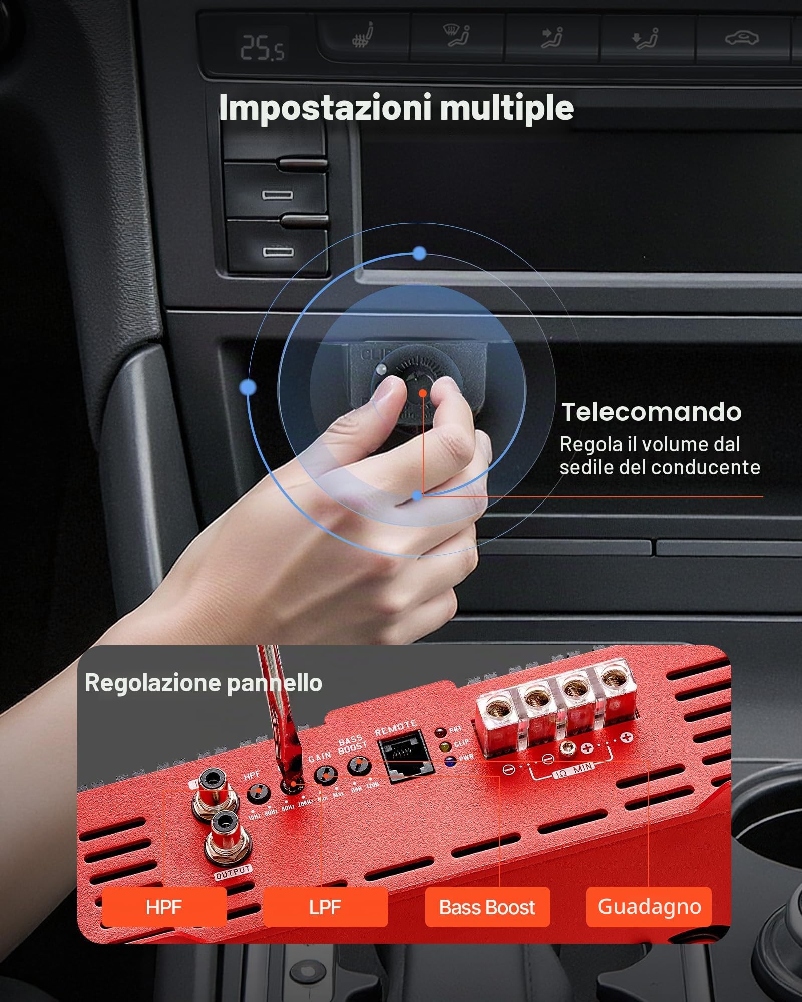 VEVOR Amplificatore Monoblocco per Auto Classe D con Controllo Remoto del Livello del Subwoofer 2000 W, Filtro Passa-Basso, Potenziamento dei Bassi, Spostamento di Fase, Controllo del Volume