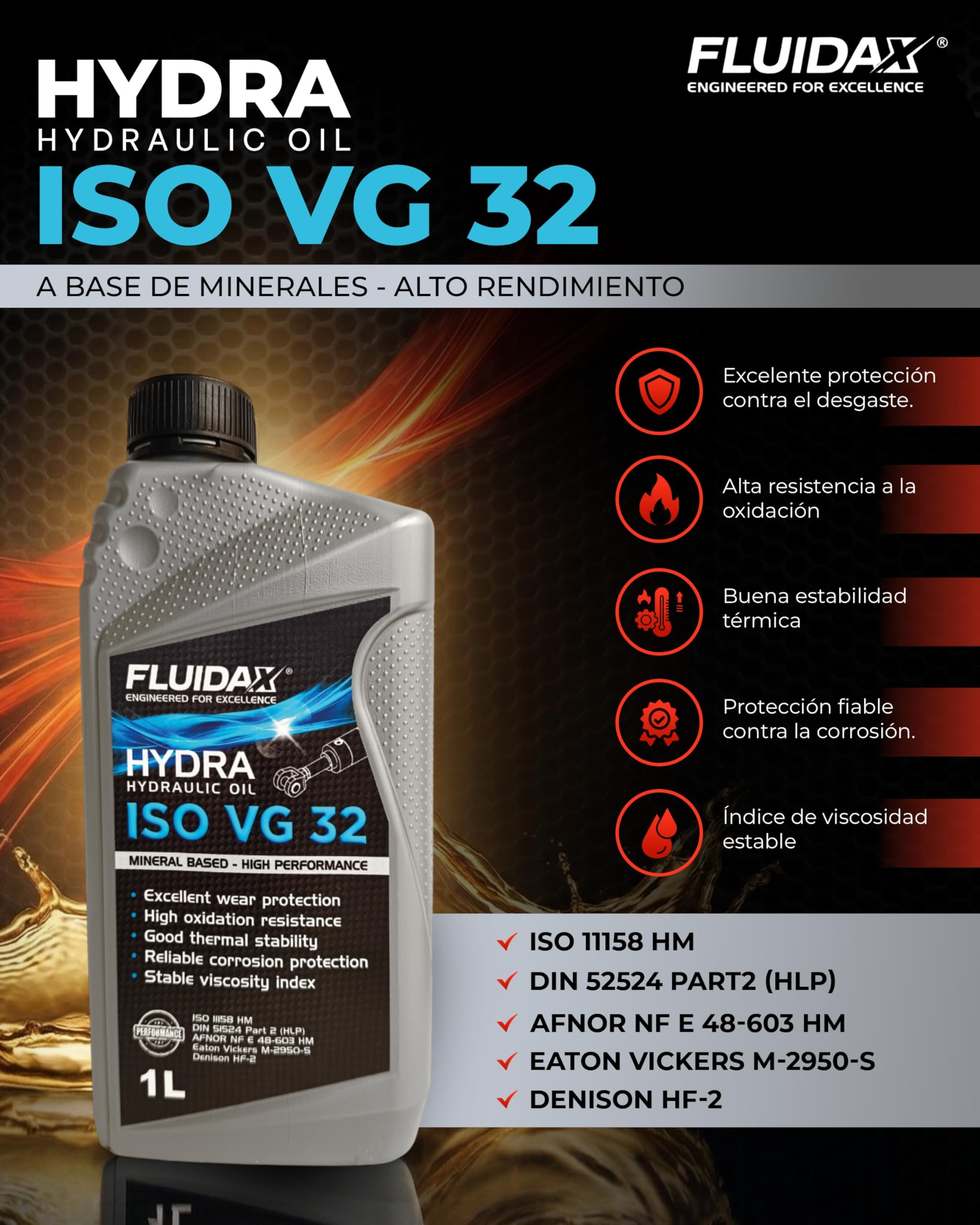 Aceite hidráulico ISO VG 32 HLP 1 litro lubricante mineral antidesgaste DIN 51524