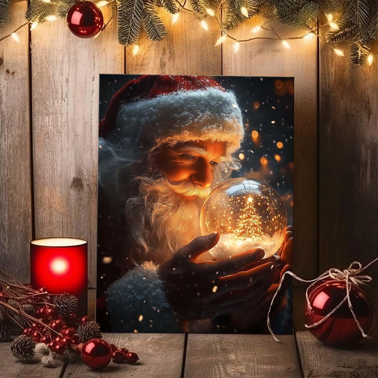 B.B.F MAKE Christmas Canvas Framed Wall Art for Living Room Decor Classical Oil Painting Santa Claus & Crystal Ball Canva Poster Prints Wall Decoration Home Office Bedroom Bathroom Decor, 16x20inch