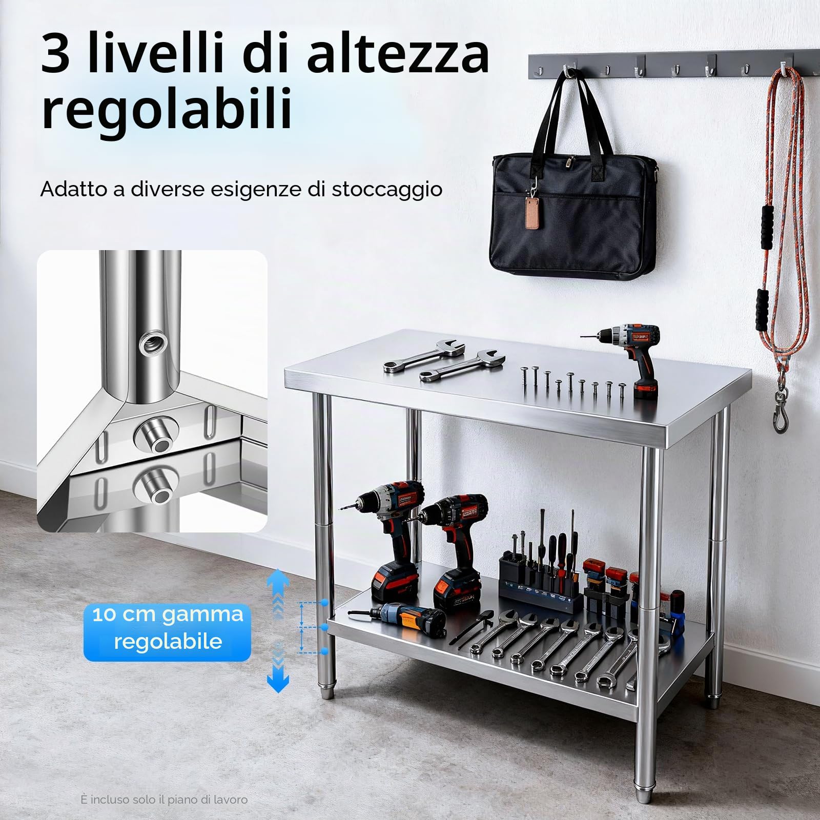 Tavolo da lavoro in acciaio inox, 60 x 45 x 80 cm, tavolo da cucina professionale, capacità di carico 400 kg, 4 gambe regolabili per ristorante, cucina, bar, hotel, garage