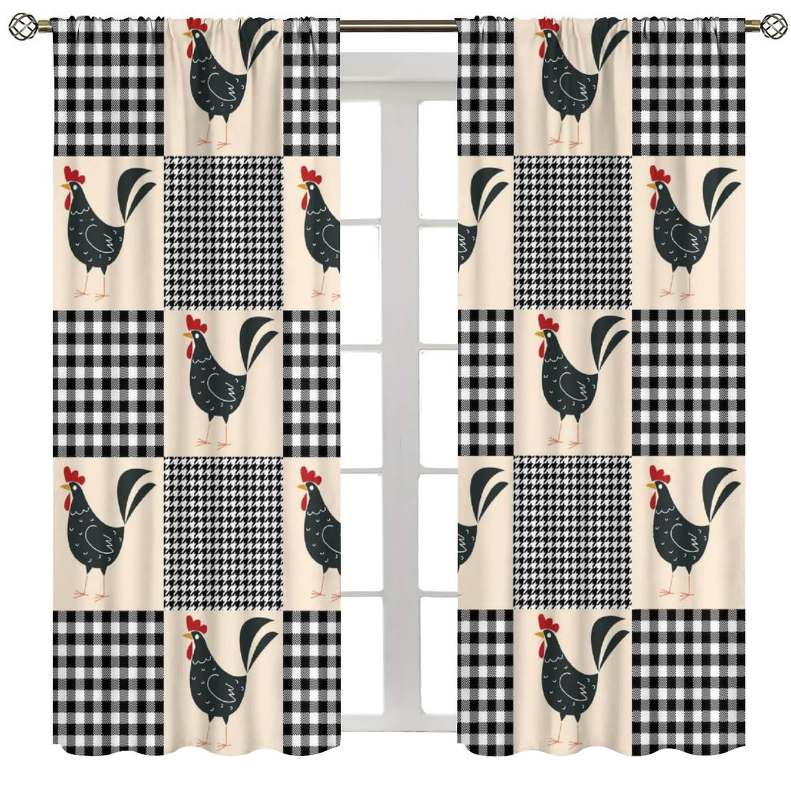 ShiTingYu Chicken Kitchen Curtains, Black and White Checkers Grid Morden Farmhouse Farm Animals Window Treatments for Bedroom Kitchen Living Room Cafe
