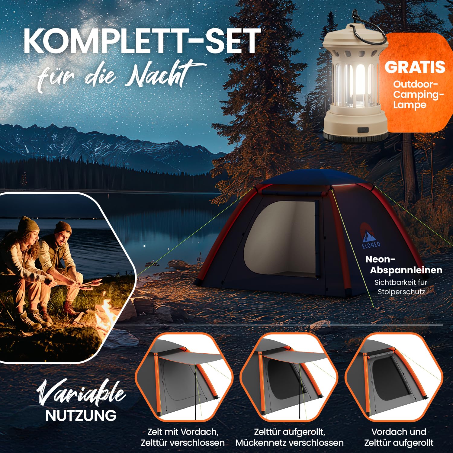 ELONEO aufblasbares Zelt für 1-4 Personen mit Vordach & Luftpumpe, Camping Zelt wasserdicht, Luftzelt Ultraleicht, Inflatable Tent, Glamping Zelt mit gratis LED Licht