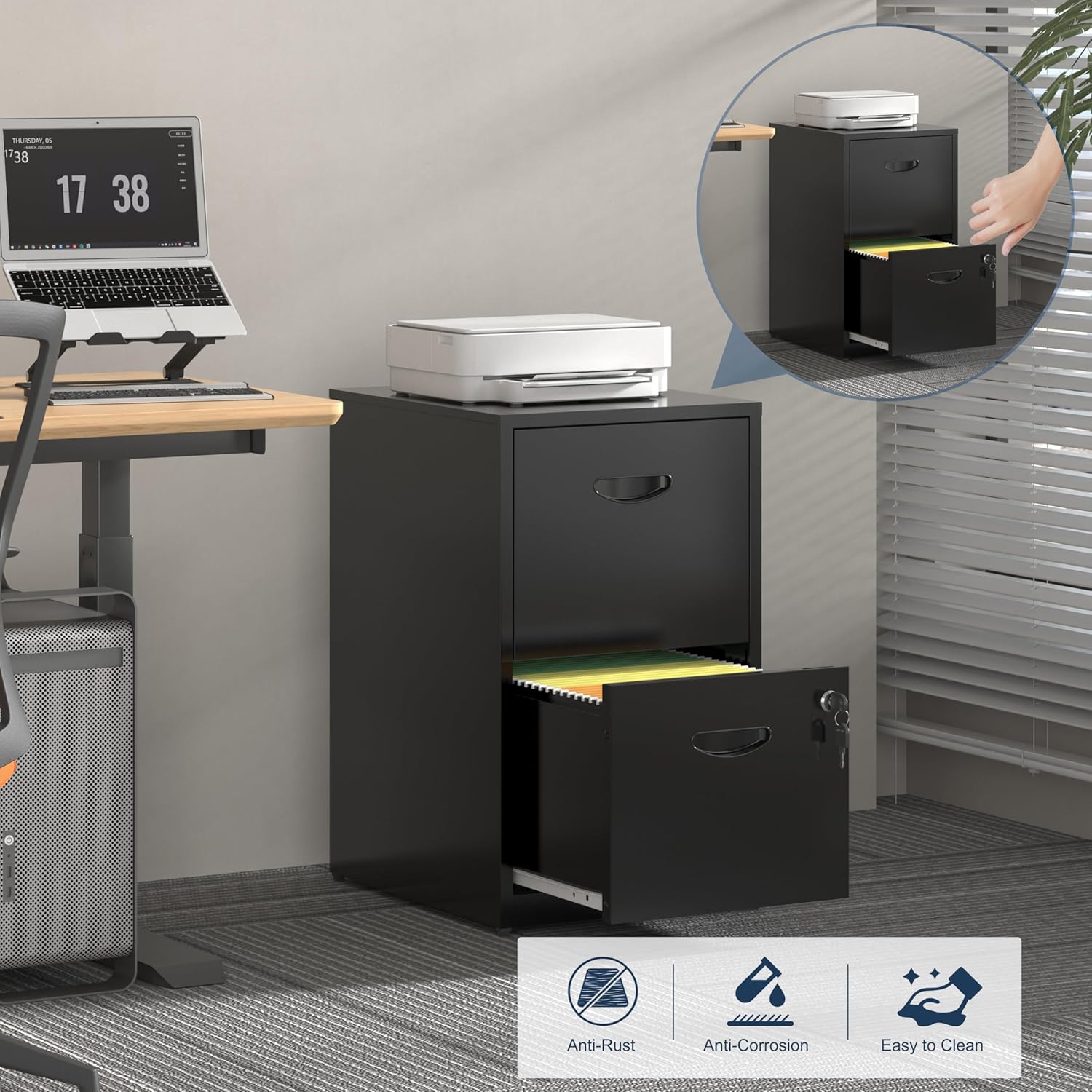 UNICOLY 2 Drawer File Cabinet with Lock, Metal File Cabinets for Home Office, Under Desk Storage, Printer Stand, Office File Cabinets for Letters and File Boxes, Assembly Required, Black