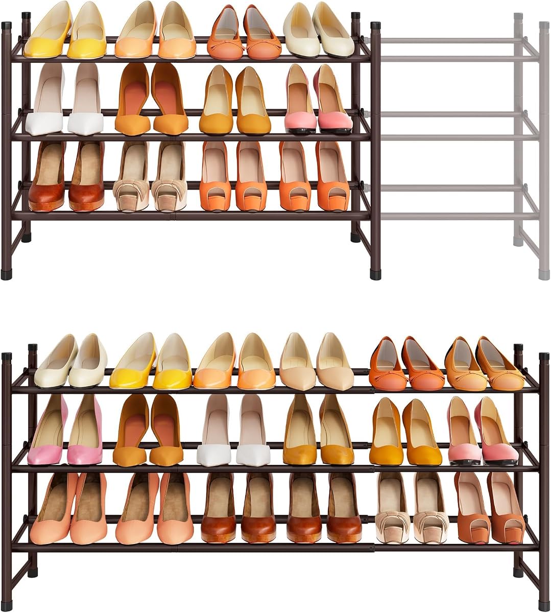 Expandable Shoe Rack for Closet 3 Tier, 28“-41“Stackable, Bronze | Adjustable Shoe Organizer Closet Shoe Rack Floor, Metal Long Shoe Shelf Storage for Entryway, Garage, Front Door Entrance