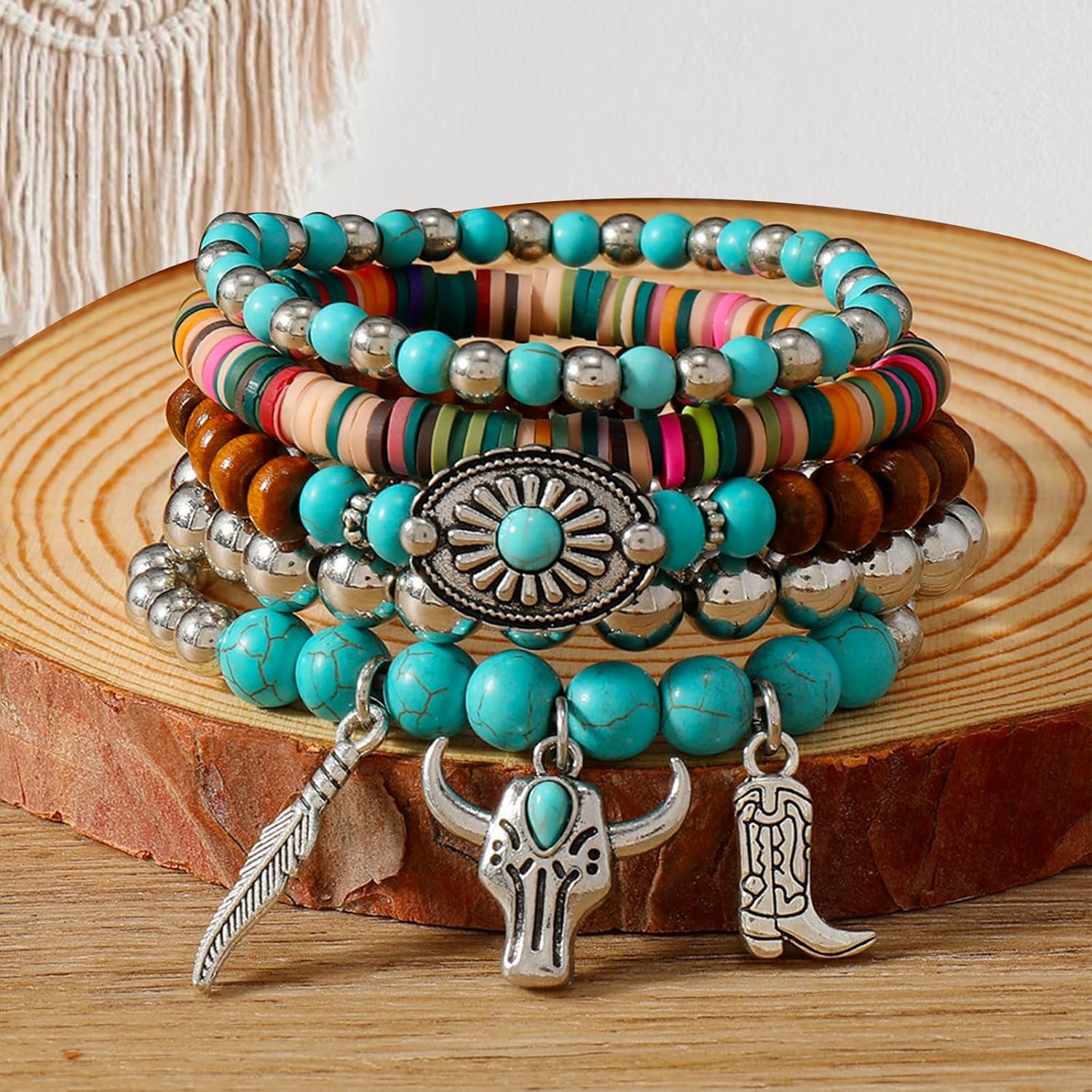 Western Bracelets for Women,Cowgirl Turquoise Beaded Stretch Bracelets,Stackable Bull Head Cowboy Boots Feather Bracelets Set,Western Cowgirl Jewelry Accessories for Women - Image 3