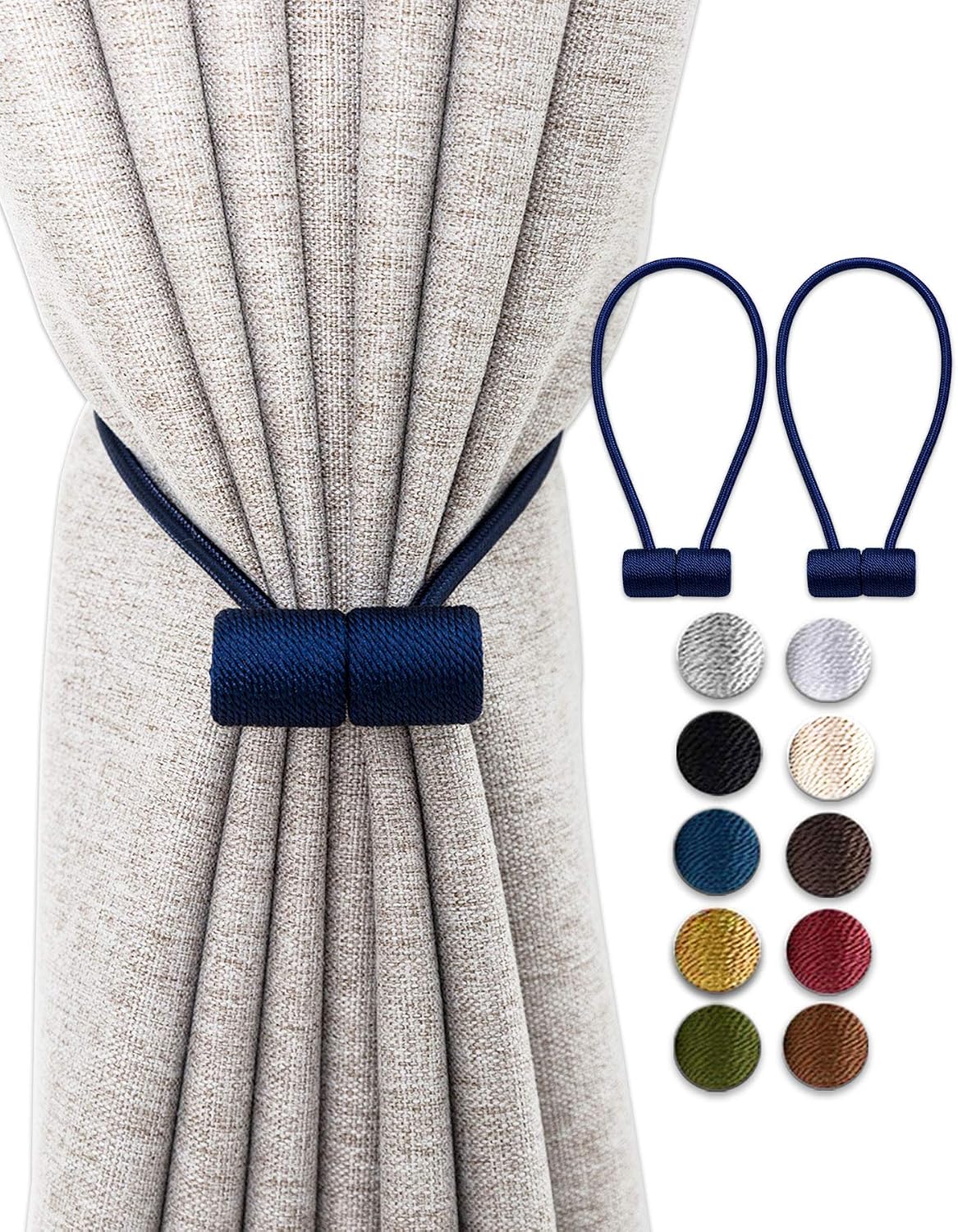 TECVINCI Curtain Tiebacks Drapery Tiebacks with Upgraded Larger Magnet, 2 Pack 16 Inch Decorative Magnetic Curtain Holdback for Blackout/Sheer Window Treatment-Navy