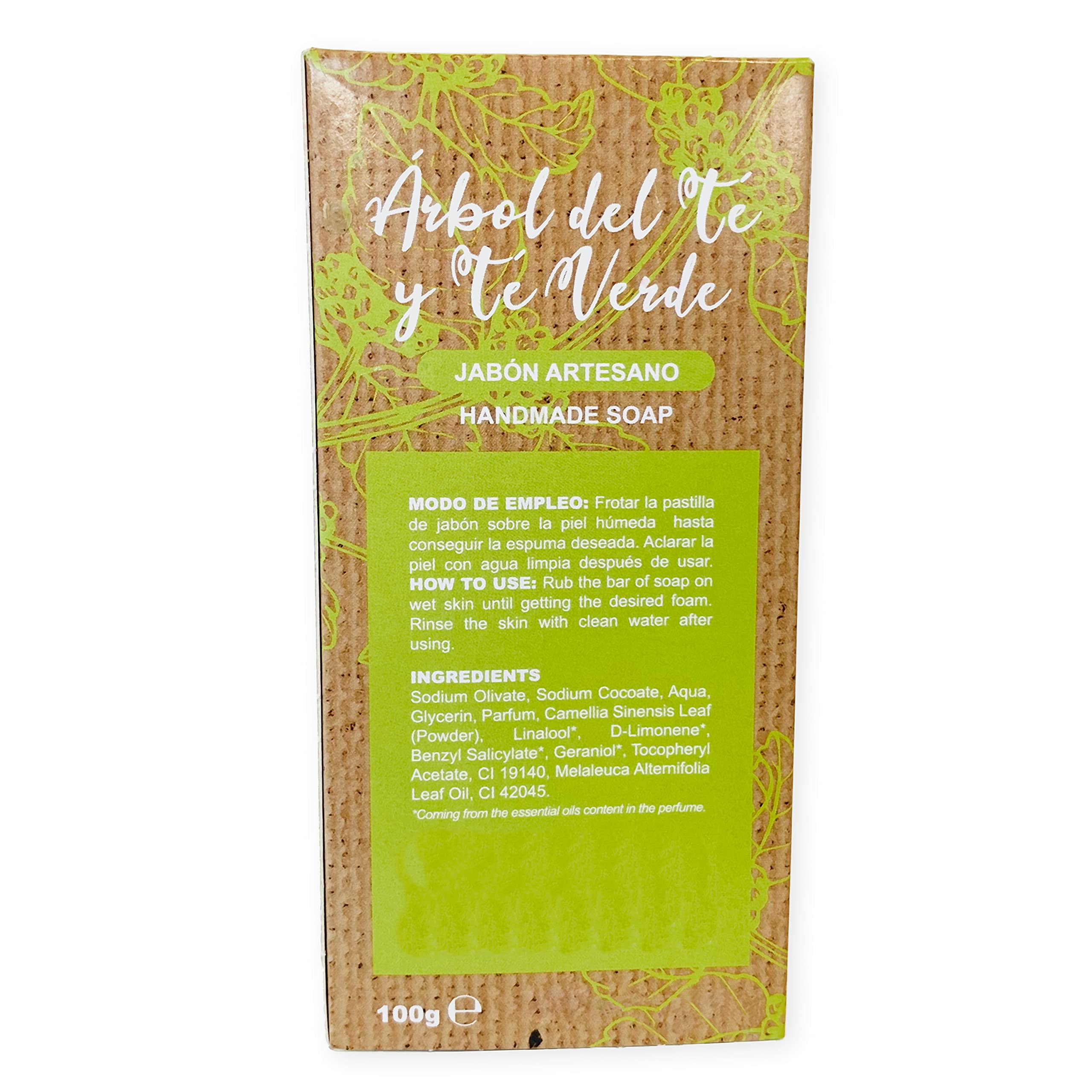 Jabón Natural de Arbol de Té - Jabon de Manos, Cuerpo, y Cara Antibacteriano y Fungicida, Pastilla Sólida Ecológica y Artesanal, Vegano y Sin Aceite de Palma (100 g)