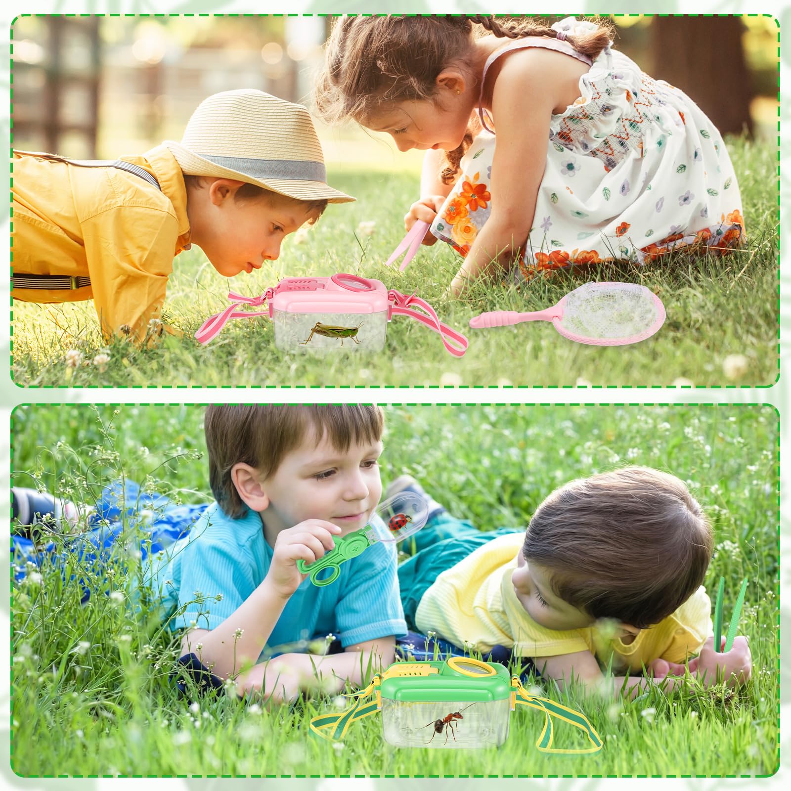 Halloscume 6 juegos de atrapasueños para niños, estudiantes, kit de captura de insectos con casa, red de mariposas, pinzas, contenedor de hábitats de jaula, regalo explorador (rosa, verde)