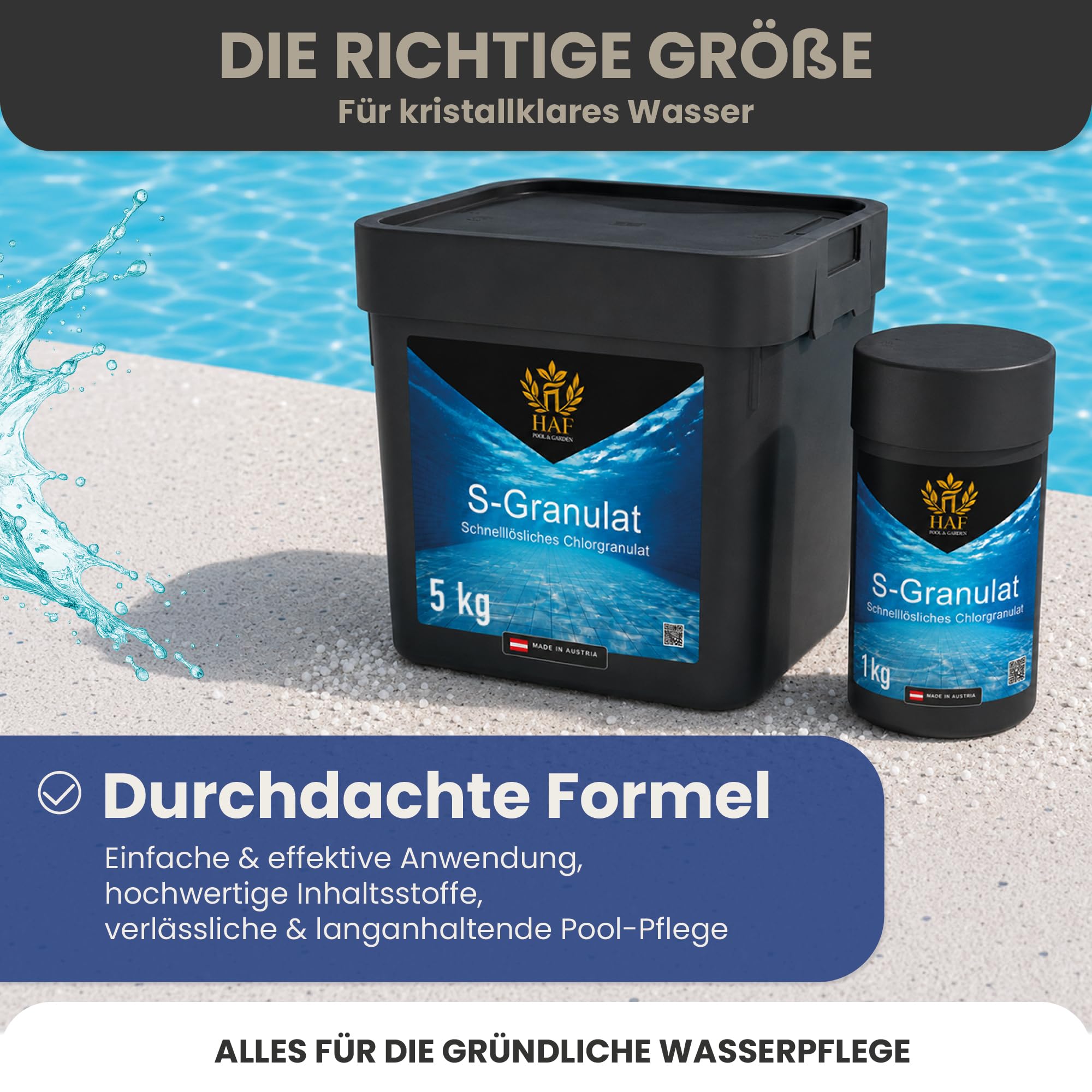 HAF Chlorgranulat für Pool & Schwimmbad (2 x 5 kg Eimer) – schnelllösliches S-Granulat zur Schockchlorung, Stoßchlorung & Dauerchlorung – schnelle Pool Desinfektion & klares Wasser – Made in Austria