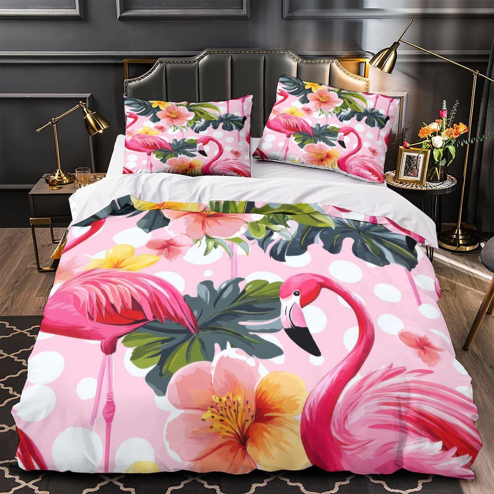 Parure de lit flamant rose 220x240 en microfibre avec taies d'oreiller