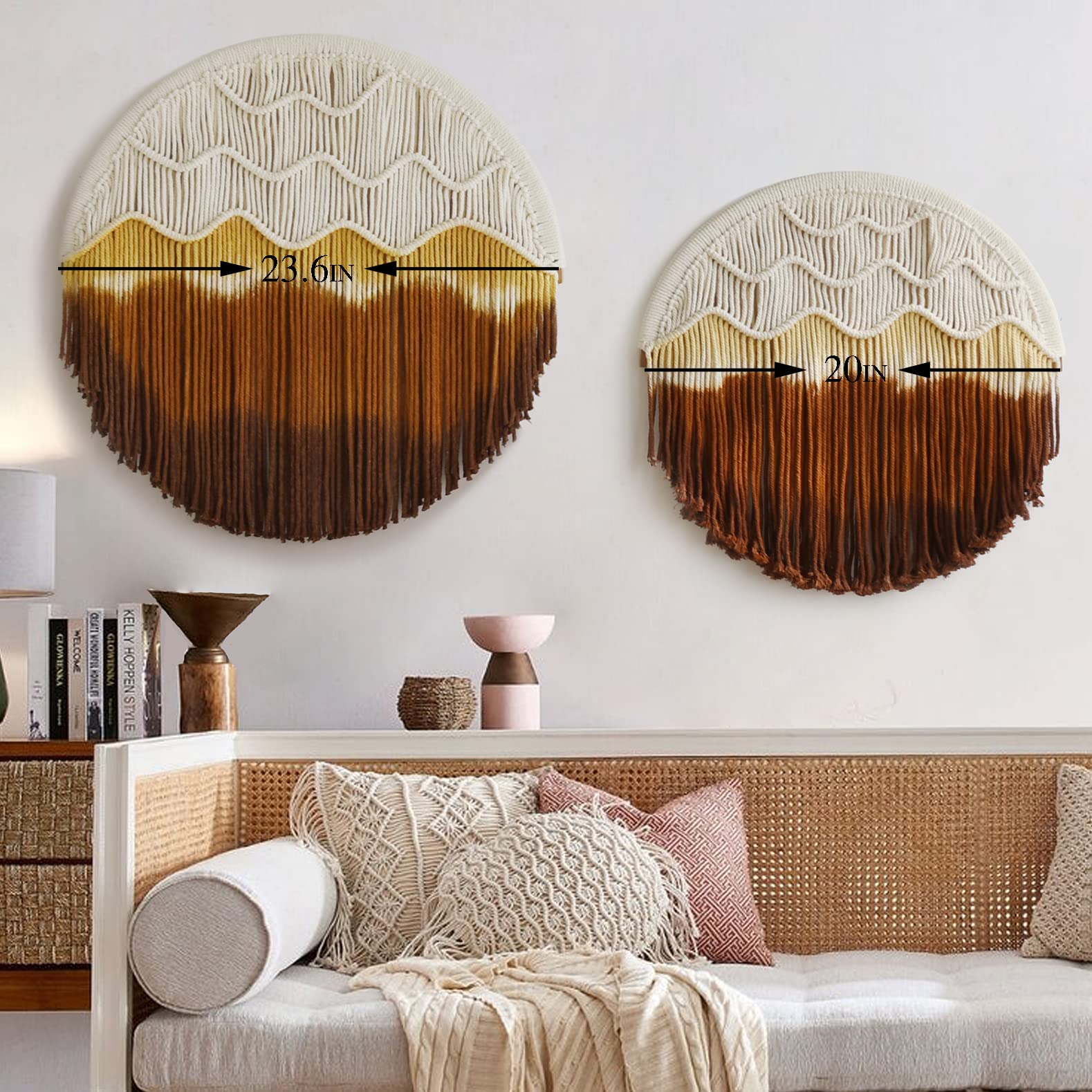 IOWER Macrame Wall Hanging Round Hoop Circle Handmade Home Wall Décor 20" (Yellow)