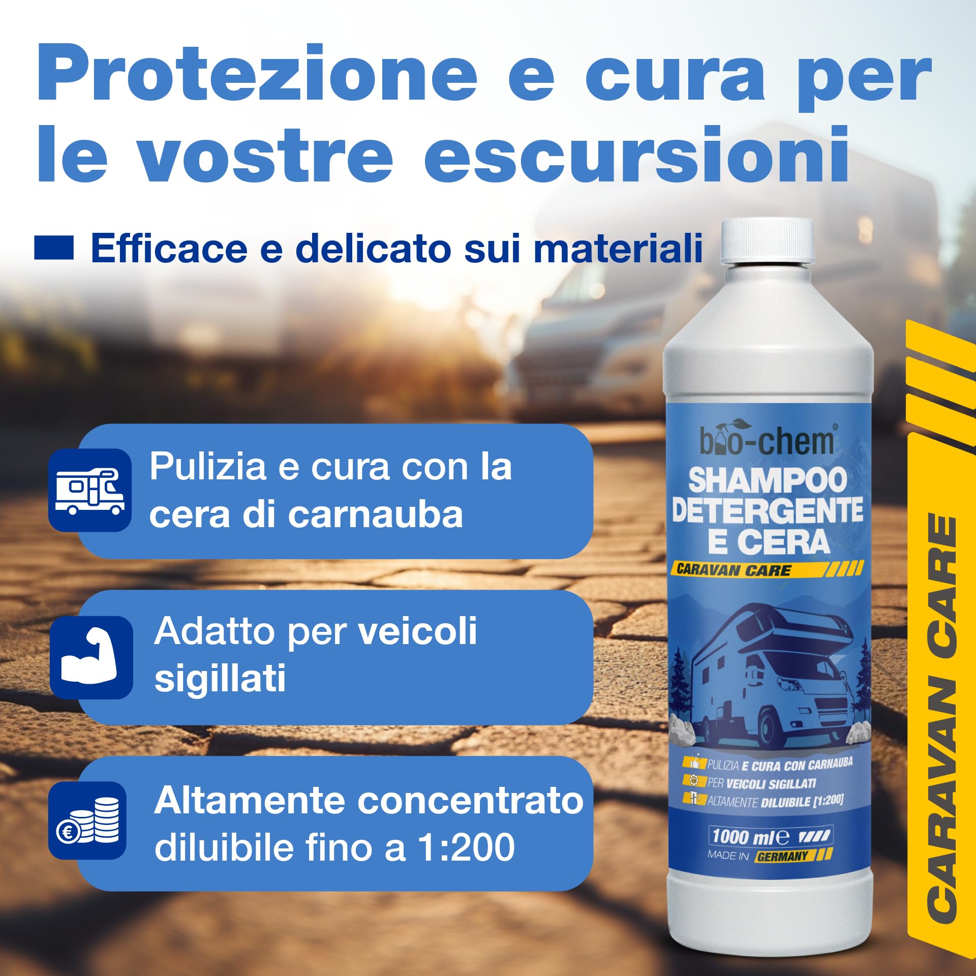 Bio-Chem - Shampoo e cera per veicoli 2L - Detergente rinnovatore per plastica per esterni di autovetture - Adatto per la pulizia della carrozzeria esterna di caravan e camper