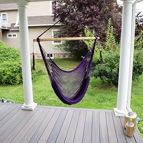 Miniatura 4 de Bliss Hammocks BHC-412G - Silla hamaca de cuerda de isla, ecológica y tejida a mano, de algodón con revestimiento de barniz, separador de madera de