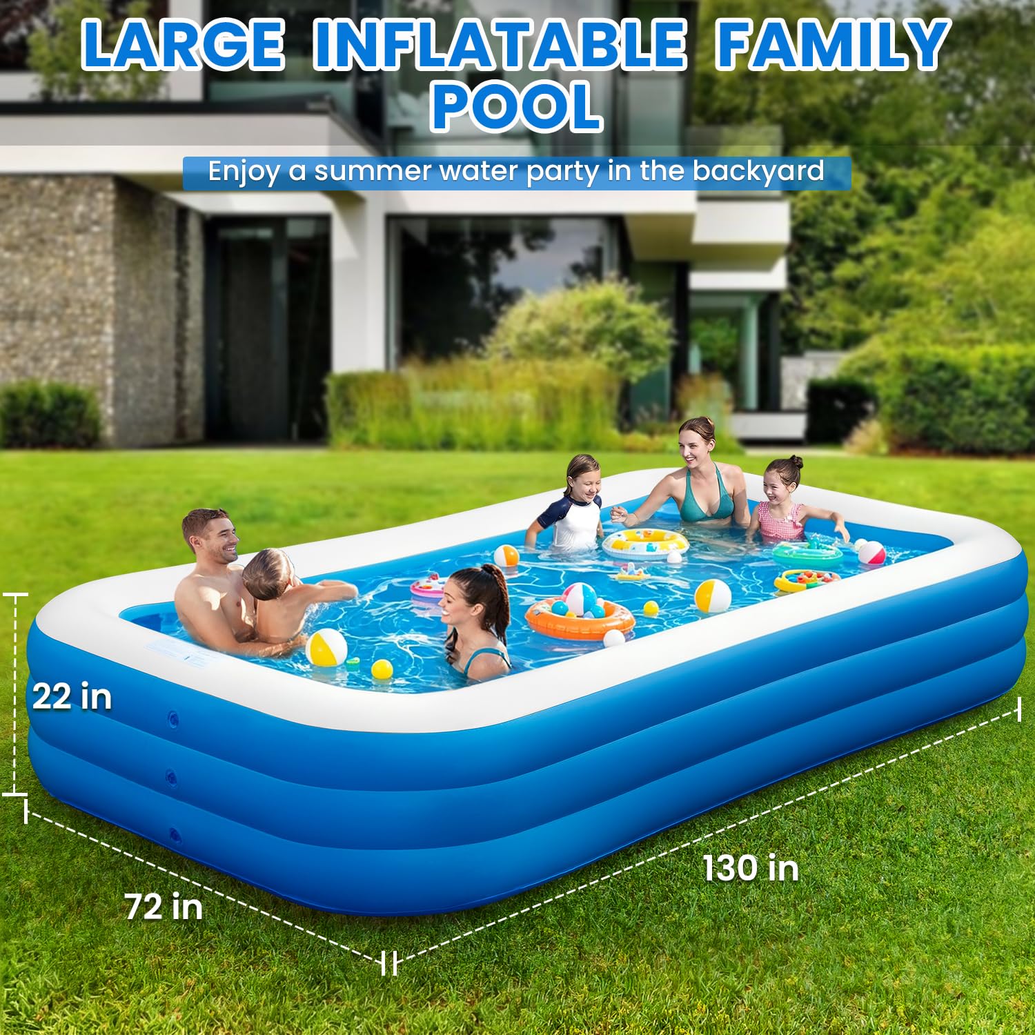 Piscina gonfiabile per famiglie, 330,2 x 182,9 x 55,9 cm, grande piscina gonfiabile per adulti e bambini, piscina da cortile ispessita con pompa, gonfiaggio rapido, piscina estiva all'aperto per feste