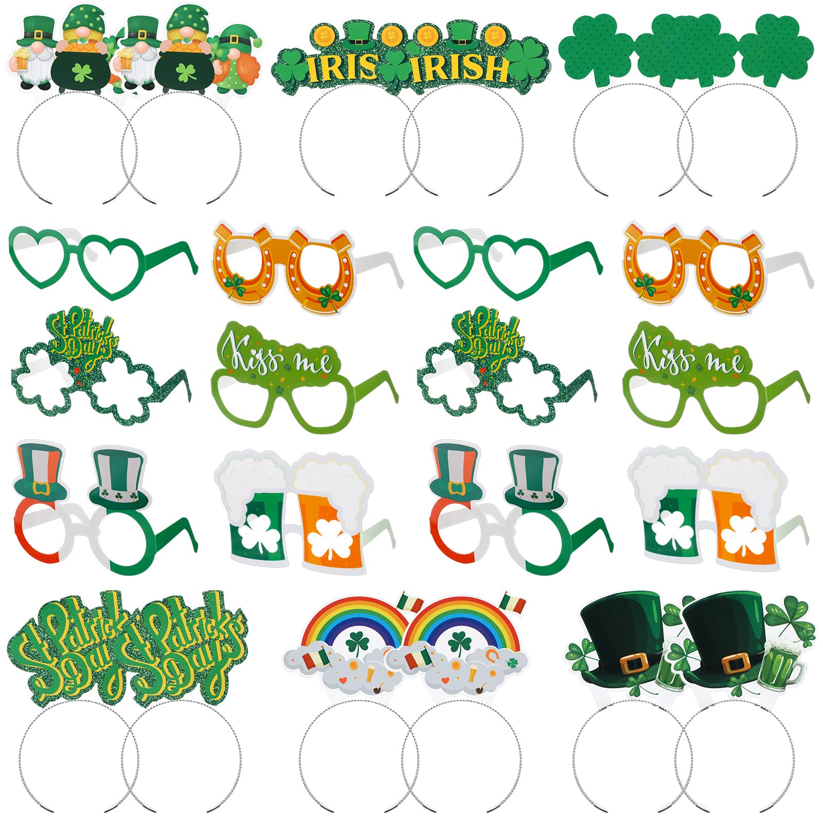 Photo 1 of 24 Pcs St Patrick's Day Headbands and Eyeglasses Women Set Shamrock Paper Glasses Headbands Irish Clover Hair Hoops Green Shamrock Costume Party Favor Accessories for Adult Kids Birthday Decorations