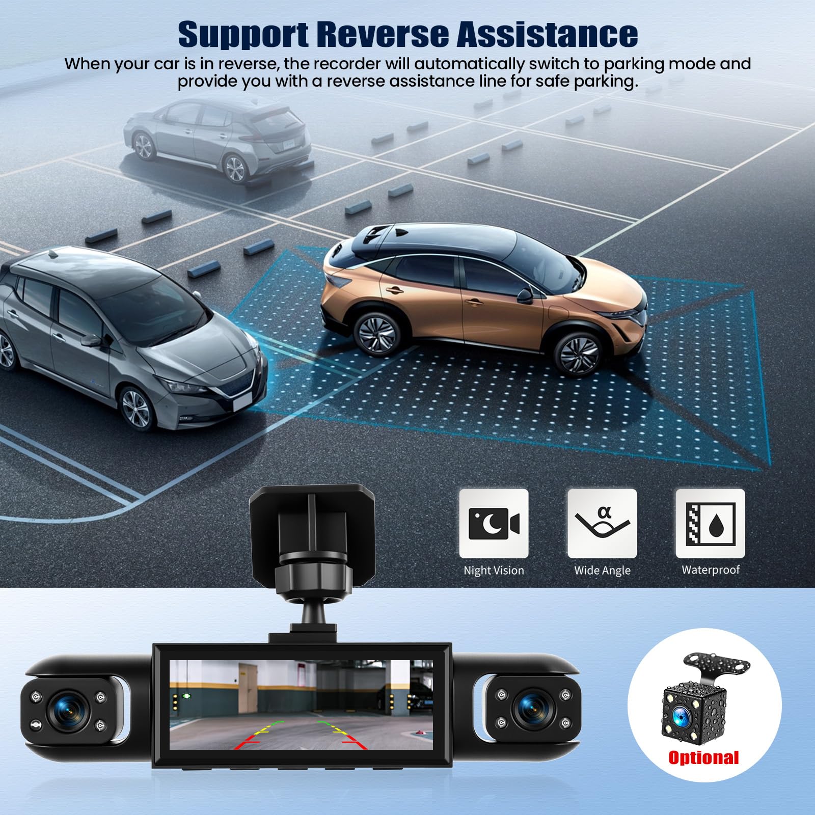 Telecamera per auto dash cam da 3,16 pollici 1080P, visione a 360° con 3 telecamere - monitoraggio del parcheggio con rilevamento del movimento e visione notturna