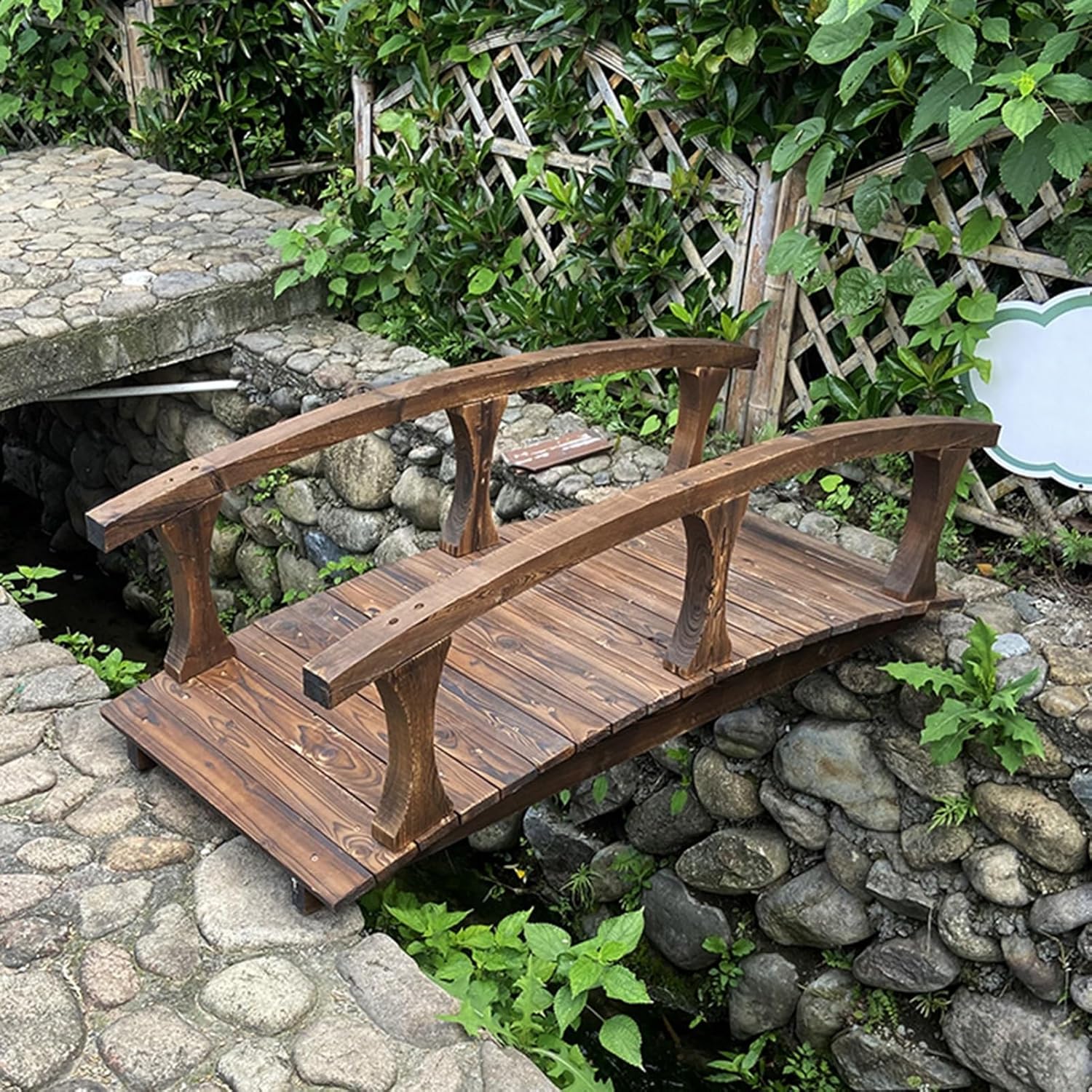 Outdoor Small Wood Bridge for Garden, Path/Lawn/Yard/Pond Bridge with Side Rails, Decorative Garden Bridge 140cm / 4.6ft Length