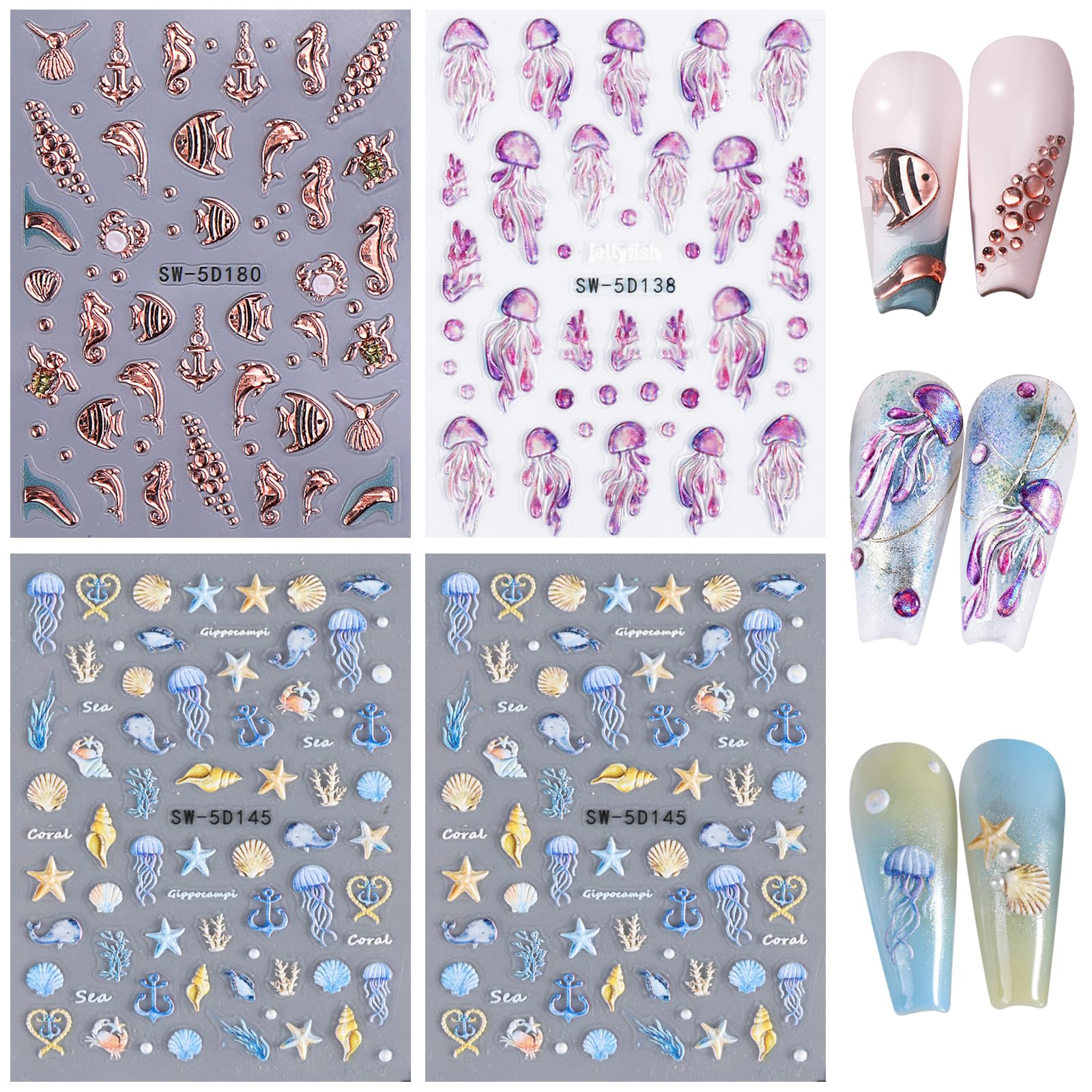 4 Fogli Adesivi per Unghie Autoadesivi, 5D Nail Art Stickers, Stelle Marine Decalcomanie Unghie, DIY Decorazioni Nail Art, Decorazioni per Punte Delle, Autoadesivi Accessori per Donne Ragazze