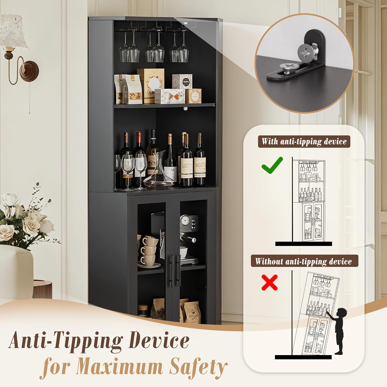 MAGIC UNION Corner Liquor Wine Display Cabinet with LED Lights, Modern 4-Tier Tall Coffee Bar Cabinet with Glass Rack, Adjustable Shelves & Tempered Glass Door for Living Room Kitchen Entryway