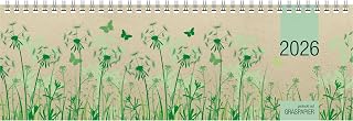 Zettler Tischquerkalender 1W/2S Graspapier 2026 – Wochenkalender 32 × 11 cm, 1 Woche auf 2 Seiten, nachhaltiger Bürokalender mit Stundeneinteilung 8–20 Uhr & 4-sprachigem Kalendarium