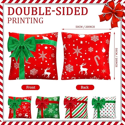 Miniatura 7 de Kingdder Juego de 4 fundas de almohada navideñas de granja, caja de regalo, decoración de lazo de copo de nieve para sofá, fundas de almohada para