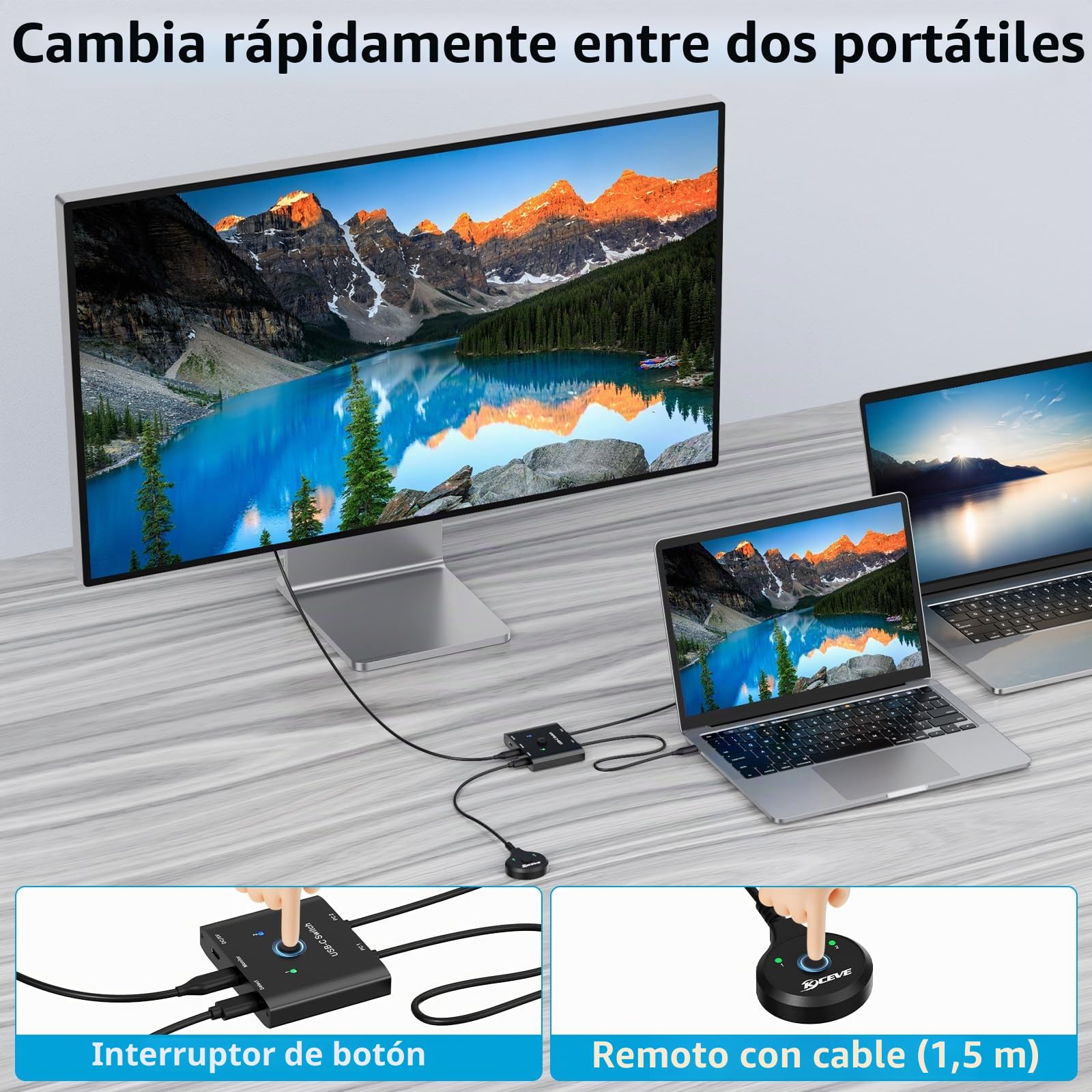 USB C Switch,Bidireccional Conmutador USB C 2 Computadoras,USBC KVM Switch 8K@60Hz 4K@120Hz Vídeo/Transferencia de Datos 10Gbps,PD 100W,Compatible con Dispositivo Thunderbolt, Cable Incluidos