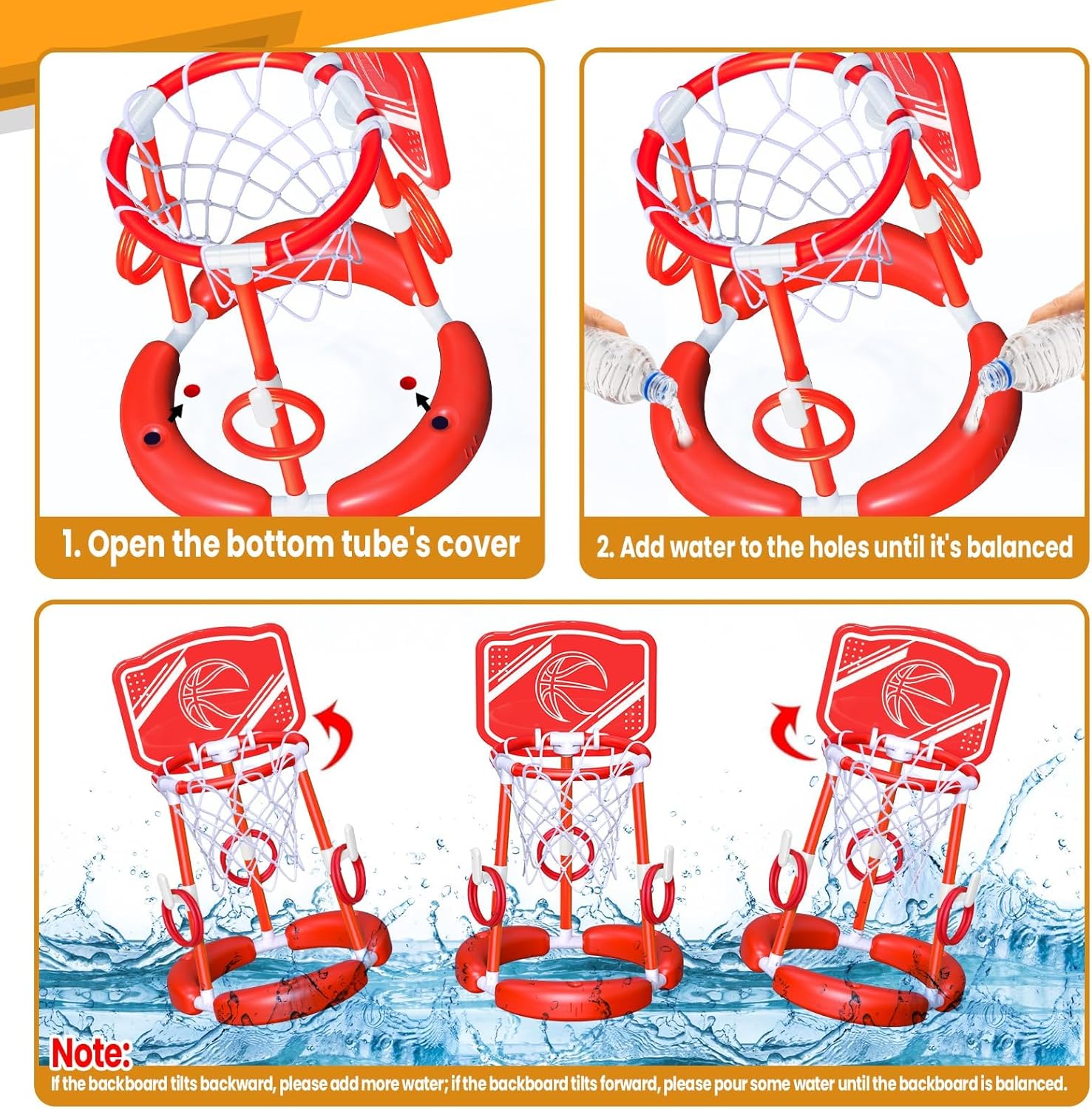 Pool Basketball Hoop with Backboard Ring Toss Games for Kids and Adults,Floating Basketball Pool Toys,Swimming Pool Toys,Family Pool Party,Summer Gifts,Pool Games,Include 2 Balls and Pump,Red