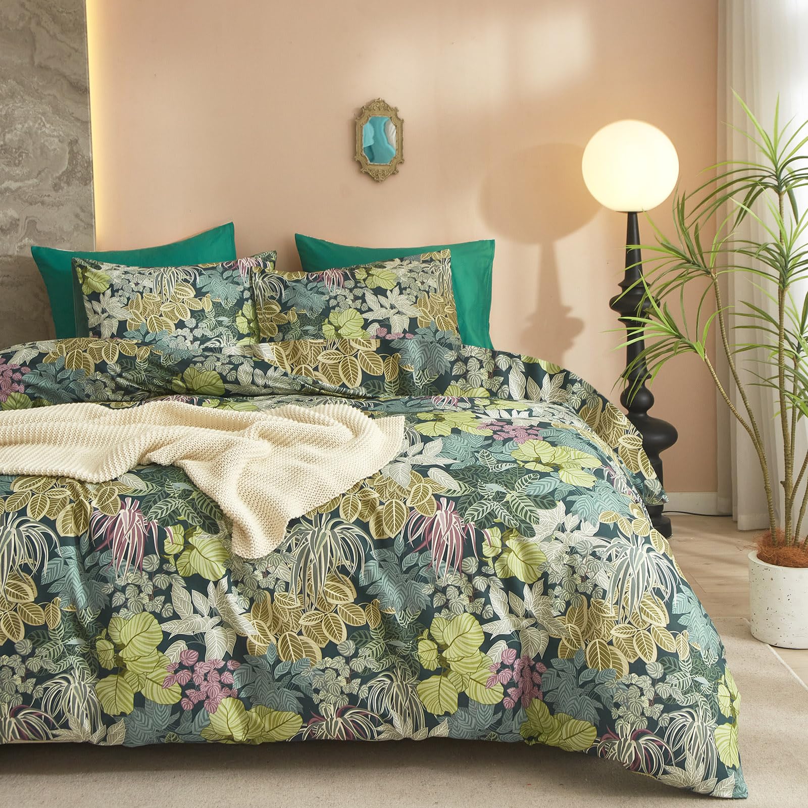 mixinni Queen Comforter Set Green Leaves, Soft Fluffy Botanical Floral Bedding Set for Women and Men, 1 Soft Microfiber Comforter and 2 Pillowcases