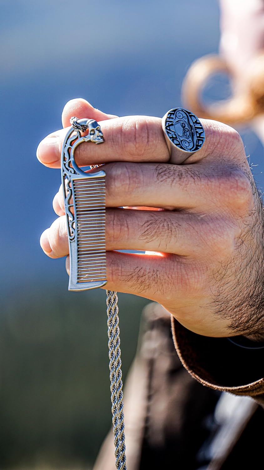 Mustache Comb On Stainless Steel Metal Chain Necklace – Dual-Sided Comb for Men, Fine & Wide Teeth for Precise Moustache Styling – Durable, Compact, Travel-Friendly Grooming Tool for Facial Hair Care